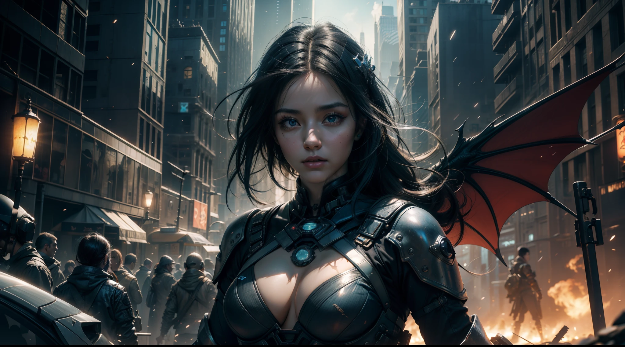 ((best qualtiy)), ((tmasterpiece)), ((Realistis)), (A detailed), (realisticlying:1.5),illusory engine, (High detail: 1.9),(femele:1.4),(big breasts beautiful: 1.4),(carismatic:1.3), (Large breasts), Female succubus, Bat wings,beuaty girl,beauitful face, looking at viewert, dynamicposes, postapocalyptic, Destroyed city background, scientific fiction, hdr, Ray traching, NVIDIA RTX, Hyper-Resolution, Unreal 5, sub surface scattering, PBR textures, Post-processing, Anisotropic filtering, depth of fields, Maximum clarity and sharpness, trichotomy,8K original,(Luminous Particle:1.4),(VerydetailedCG,Unity 8k壁纸,cinmatic lighting,lens flare glow),Reflectors,Sharp focus,
