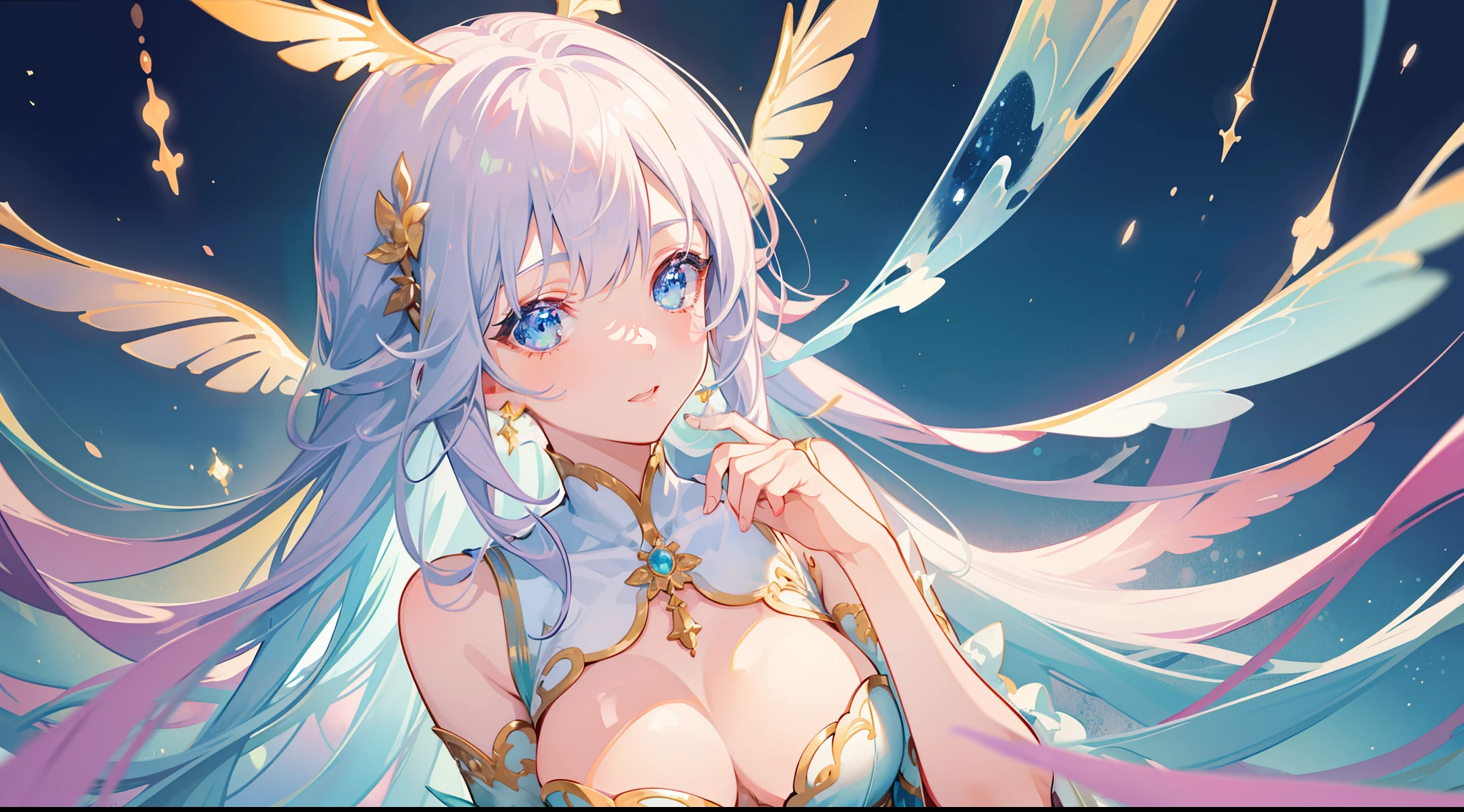 masterpiece, best quality, sharp focus, 8k, intricately detailed environment, anime, watercolor illustration, colorful, bright colors, whimsical, glowing lights, liquid otherworldly, fairy lights, beautiful girl in flowing liquid glowing dress, perfect face, golden ratio, sparkling eyes, watercolor, liquid light, angel wings