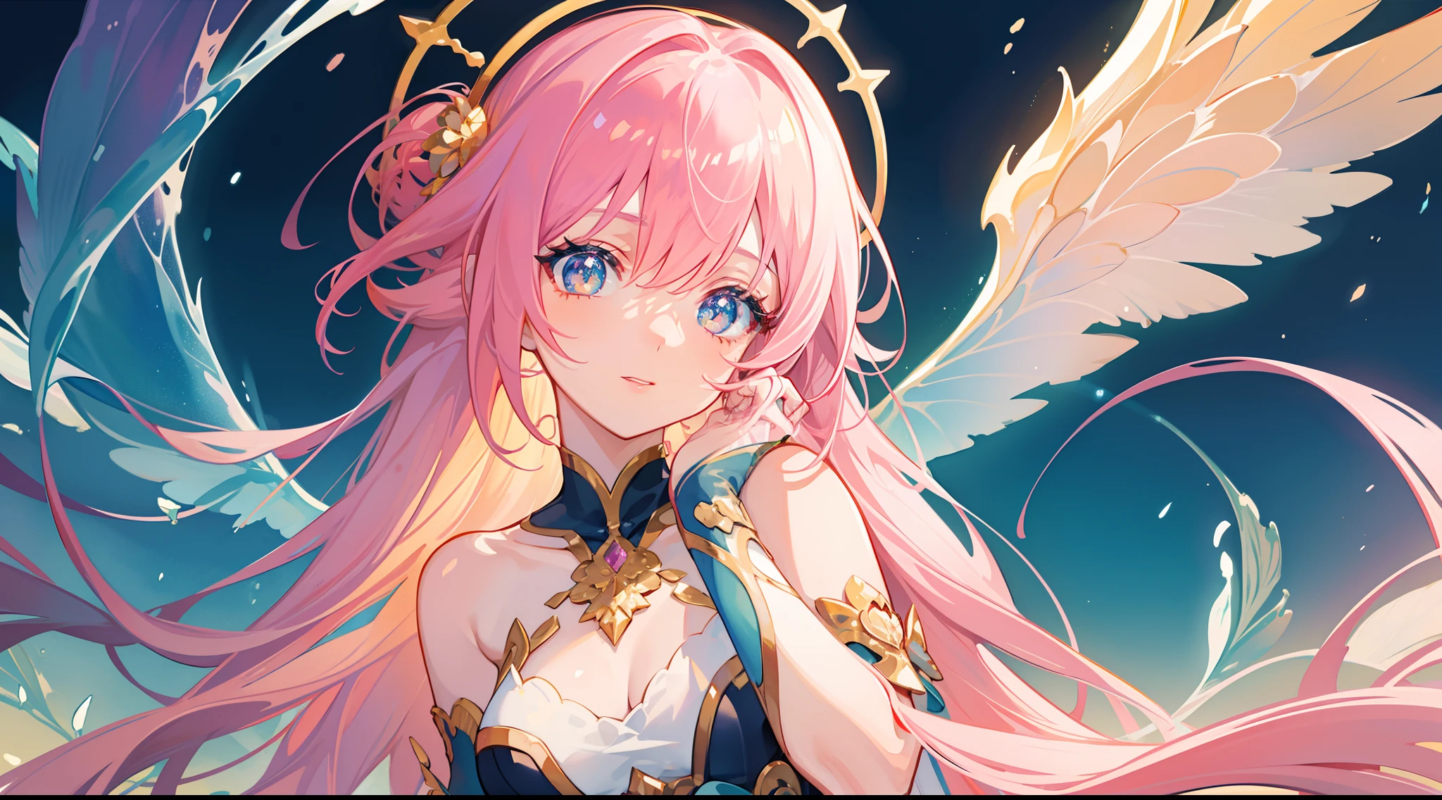 masterpiece, best quality, sharp focus, 8k, intricately detailed environment, anime, watercolor illustration, colorful, bright colors, whimsical, glowing lights, liquid otherworldly, fairy lights, beautiful girl in flowing liquid glowing dress, perfect face, golden ratio, sparkling eyes, watercolor, liquid light, angel wings
