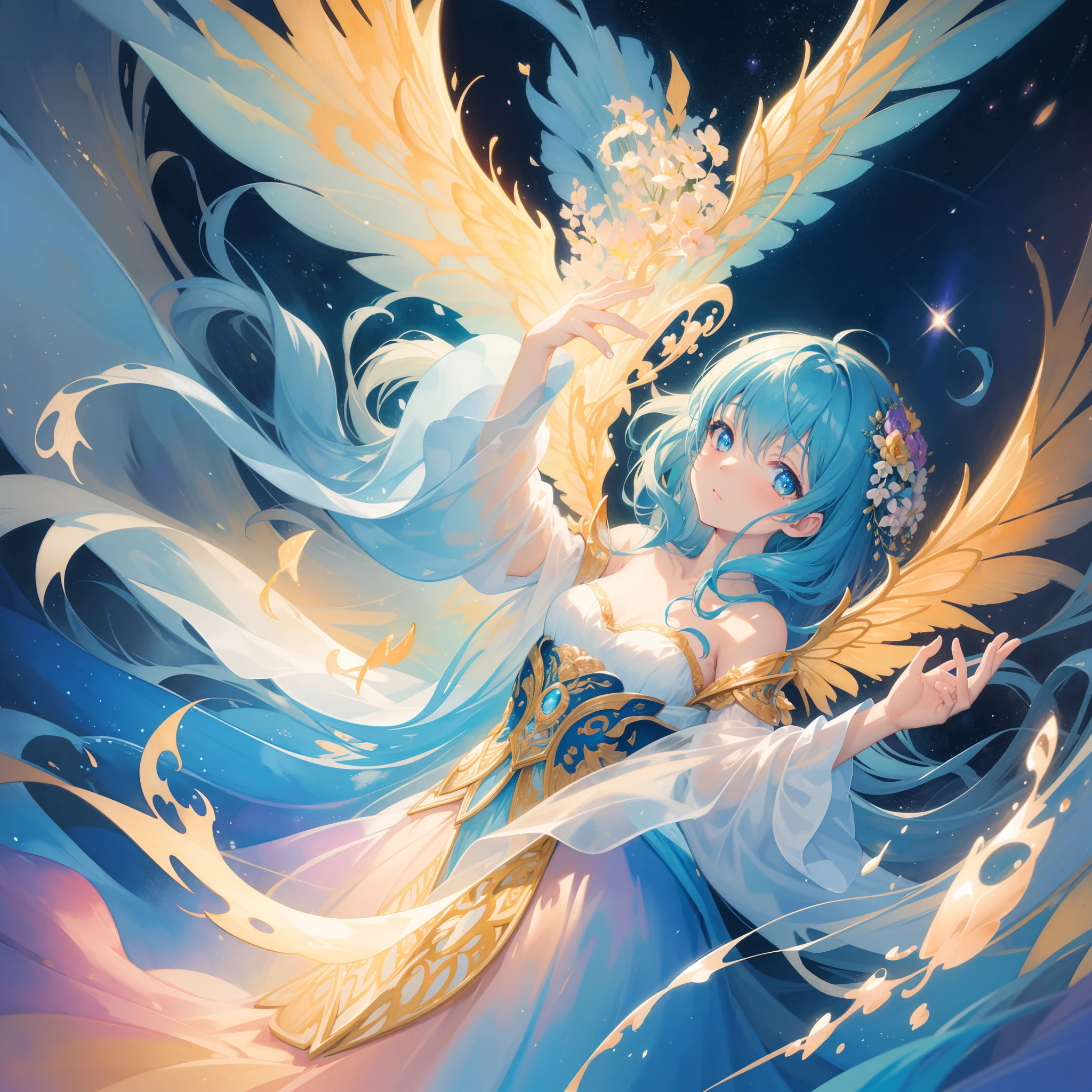 masterpiece, best quality, sharp focus, 8k, intricately detailed environment, anime, watercolor illustration, colorful, bright colors, whimsical, glowing lights, liquid otherworldly, fairy lights, beautiful girl in flowing liquid glowing dress, perfect face, golden ratio, sparkling eyes, watercolor, liquid light, angel wings
