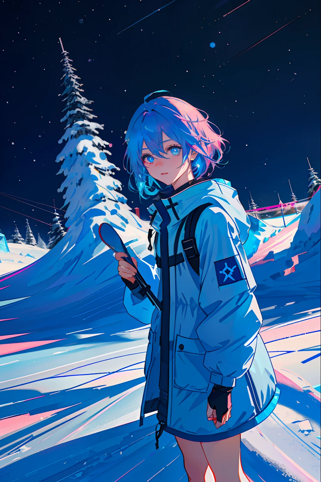 (人物:Polaris+visitor, garments:Blue clothing+Mixed with warm pink, Hairstyles:Shoulder-length light blue hair, The eye:Dark blue pupils, nature:Lively and welcoming+Helpful, Hobbies:photography of+skiing+skating+ice - carving, scene:Guided tour in the vast snow)