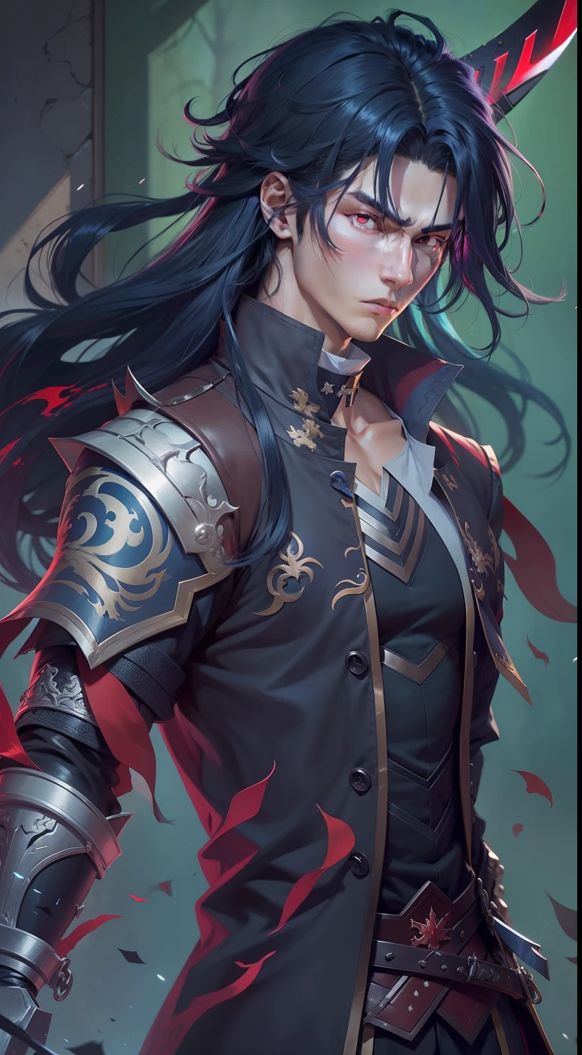 Anime character with long dark blue hair, hand holding a cracked sword, handsome guy in hate art, genshin impact character, tall anime guy with red eyes, young male shadow swordsman