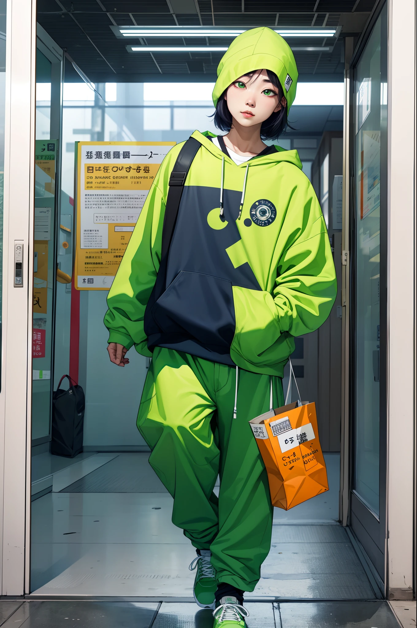 Green clothes,quadratic element,废墟,largeeyes