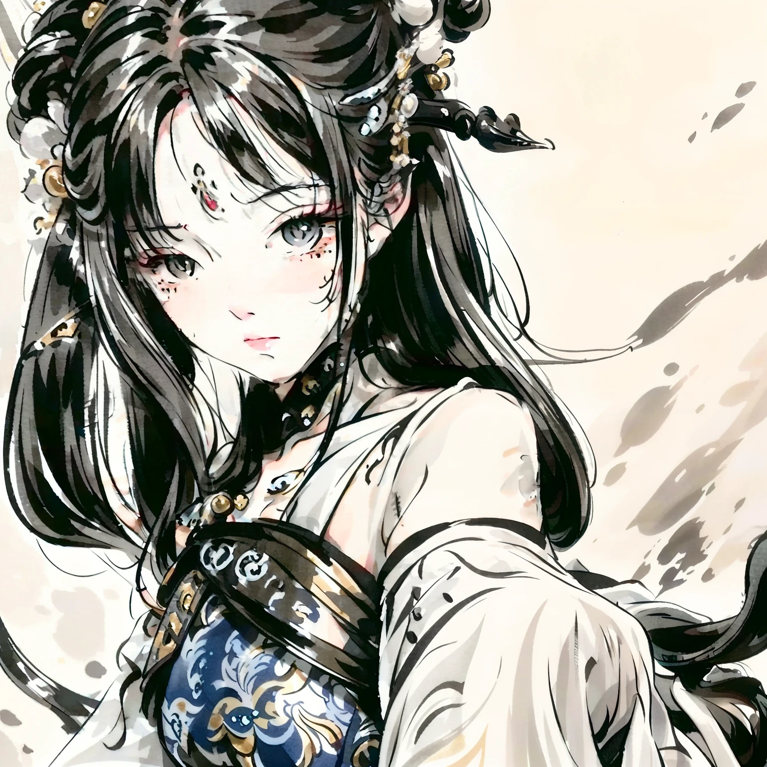 Close-up of a woman with black hair,Belle peinture de personnage,white hanfu,Splash ink,Epic and beautiful character art,Stunning character art,holding a longsword,Chinese ink style,Intricate detailing concept art,Wear hairpins on your head