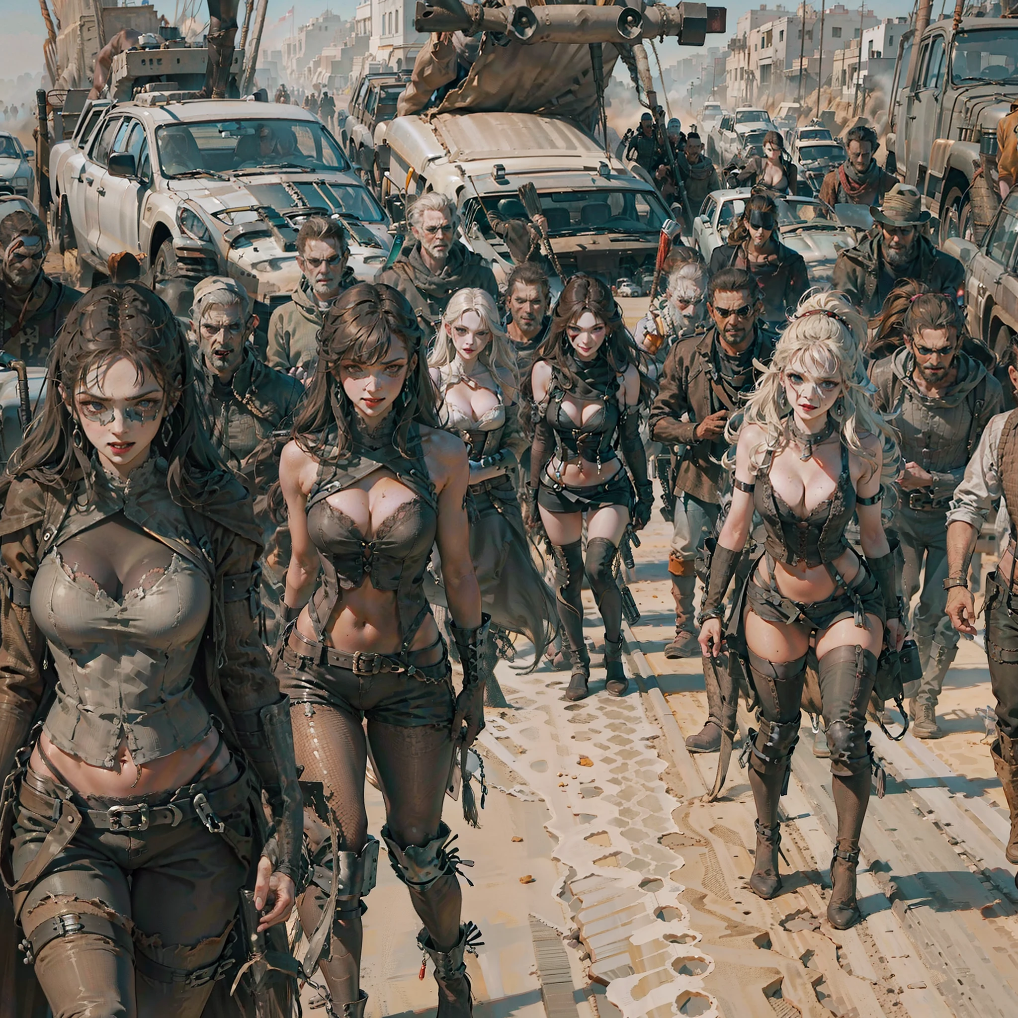 fortaleza armada, fortaleza legana, en medio del desierto, rodeada DE SEXYS MUJERES TETNONAS LIGERAS DE ROPA, ciudad mad max, postapocaliptica, fortaleza .