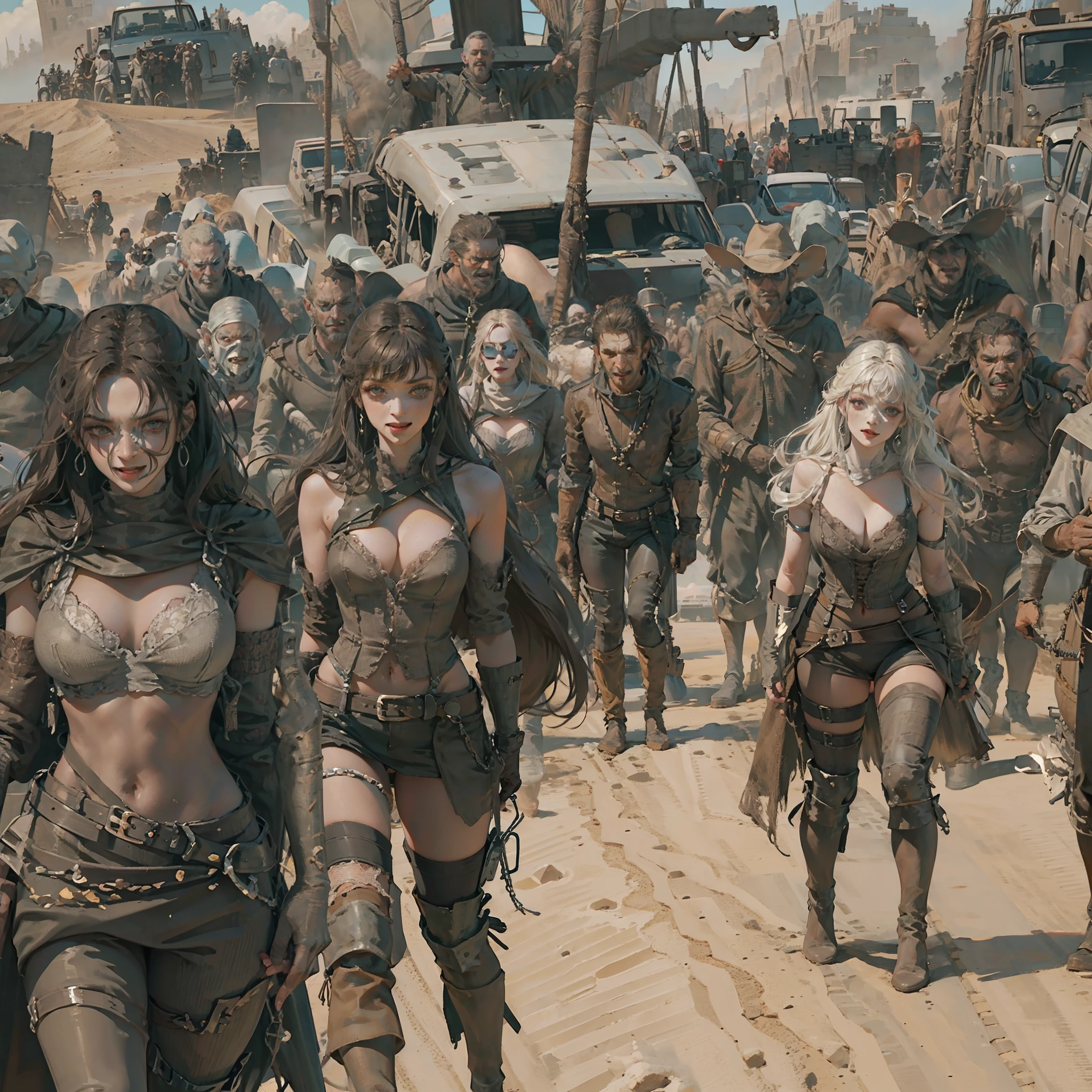 fortaleza armada, fortaleza legana, en medio del desierto, rodeada DE SEXYS MUJERES TETNONAS LIGERAS DE ROPA, ciudad mad max, postapocaliptica, fortaleza .