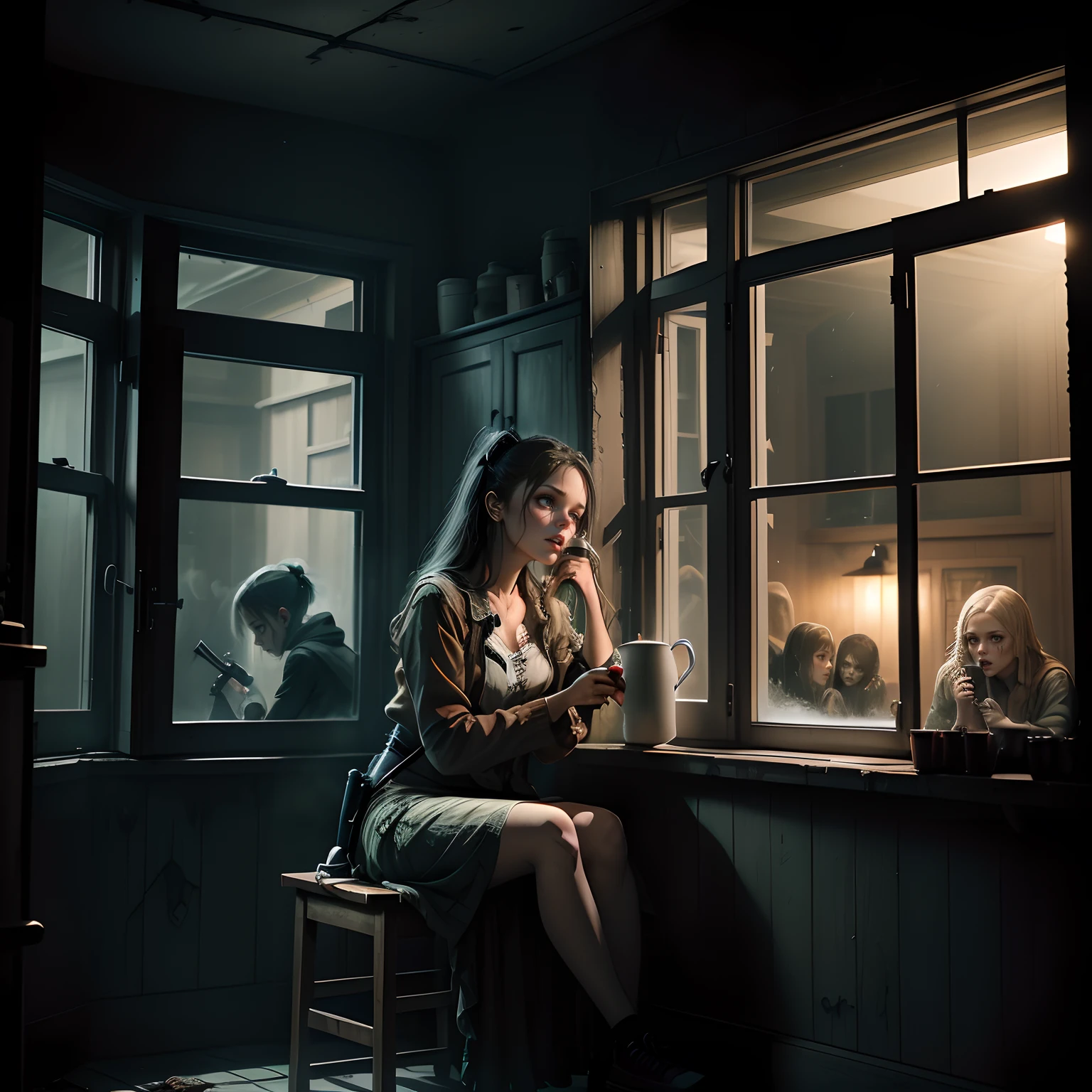Two subjects,One in the house one outside, One in the house one out,  A beautiful girl sits in the house drinking tea, girl is not zombie, A rifle on her hand, 
Zombies stand outside the window. 
The girl looks at the zombie, 
Add a zombie in a window, 
More zombies at the window.