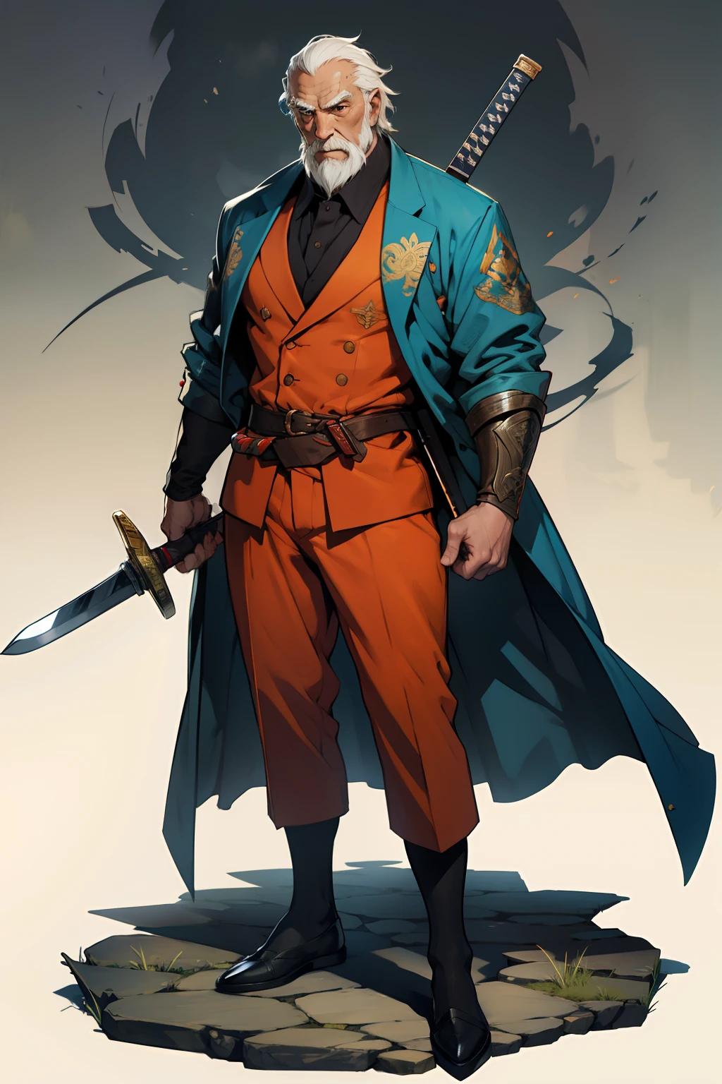 old man，，Tang suit，Long sword，standing on your feet，The eyes are sharp，nigth，