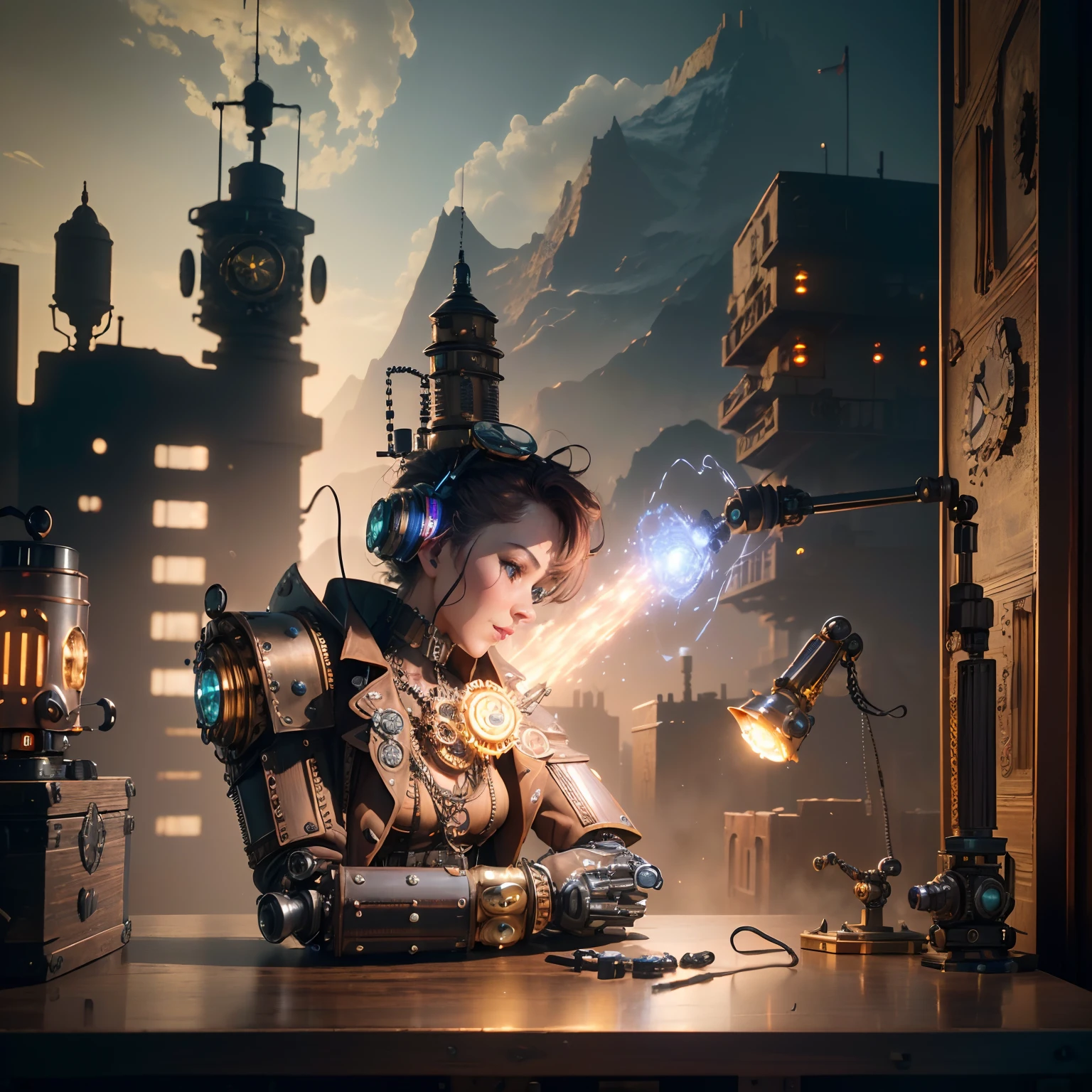 mini\(ttp\), (8k, RAW photo, best quality, masterpiece:1.4),(Creating a steampunk robot with magical modifications:1.3),steampunk,cyberpunk,(cyberpunk light:0.5),on desk,(in a miniature box:1.3),isometric, miniature, landscape on foundation,landscape,