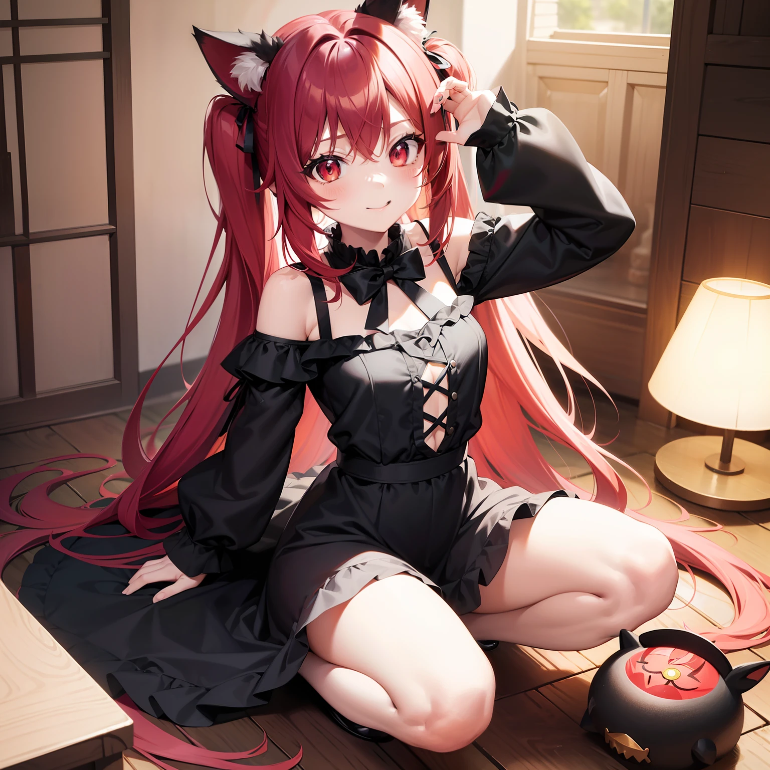 Anime filling,Two-dimensional illustration,Red hair,Half Twin Tail,shorth hair,Big eyes,A smile,a beauty girl,cute little,Super Cute,Black cat ears,Red Eyes,Ruffled Clothes,Inner colorGreen,One girl,Full body painting,A masterpiece of 2D art,(masterpiece,Top image quality:1.3),(detaile:1.2),(1人)