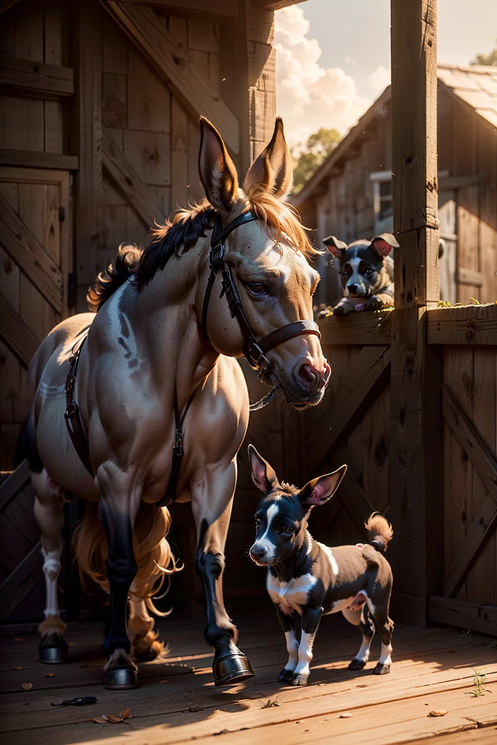 a donkey puppy talking to mom in a barn (8k high resolution) (melhor qualidade) (Ultra Definition) (Ultra realista)(Foto RAW) (Foto realista) (bright illumination)