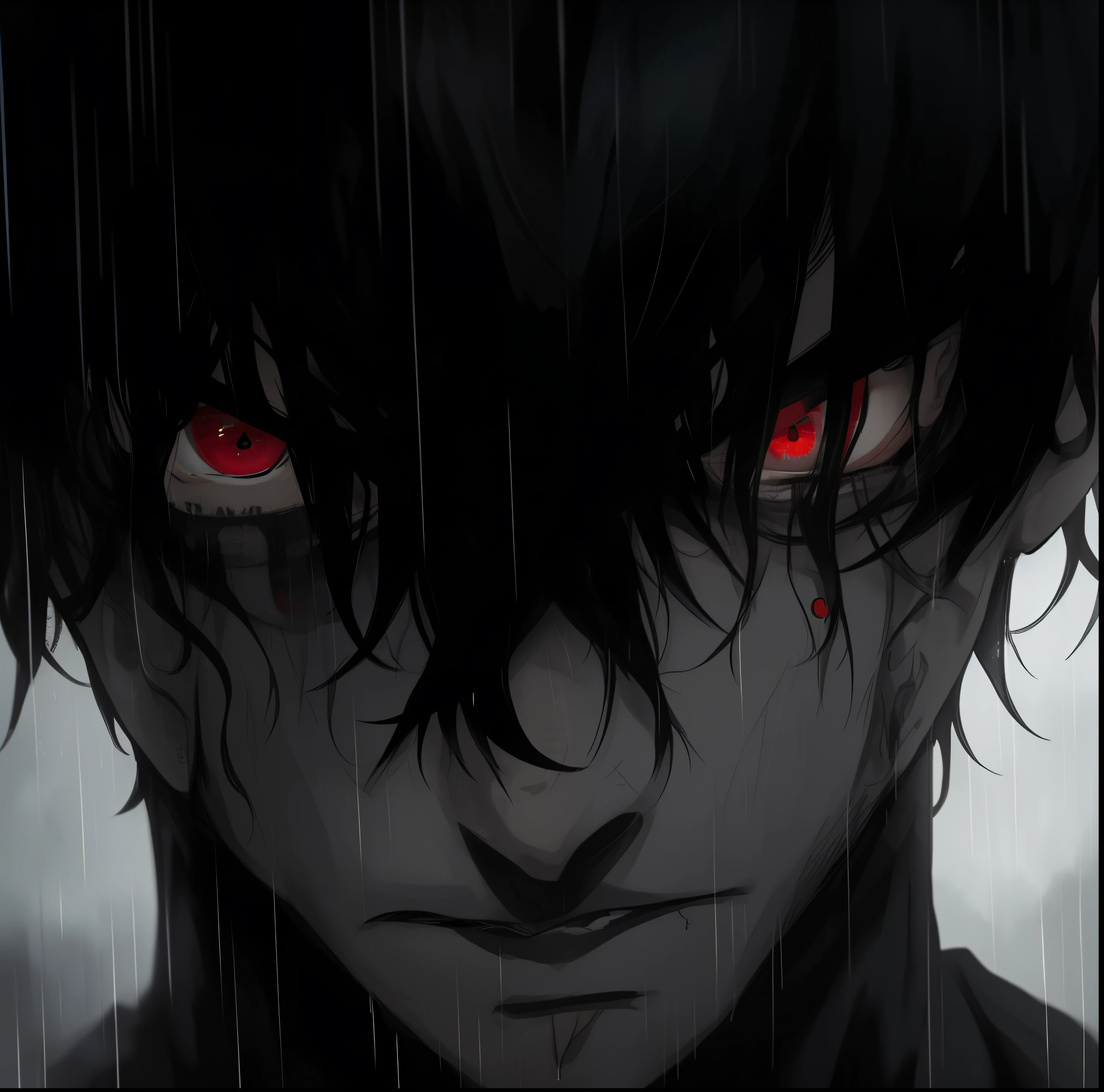 Anger, young man, red eyes, looking at camera, rain, hair over face, black hair