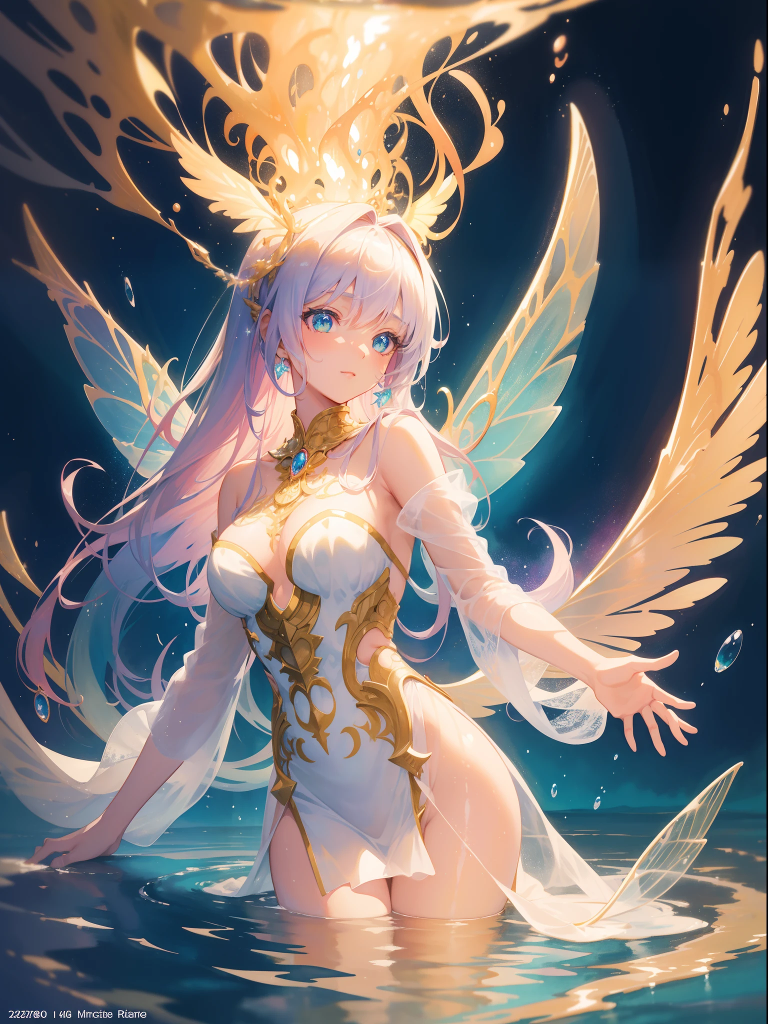 masterpiece, best quality, sharp focus, 8k, intricately detailed environment, anime, watercolor illustration, colorful, bright colors, whimsical, glowing lights, liquid otherworldly, fairy lights, beautiful girl in flowing liquid glowing dress, perfect face, golden ratio, sparkling eyes, watercolor, liquid light, angel wings