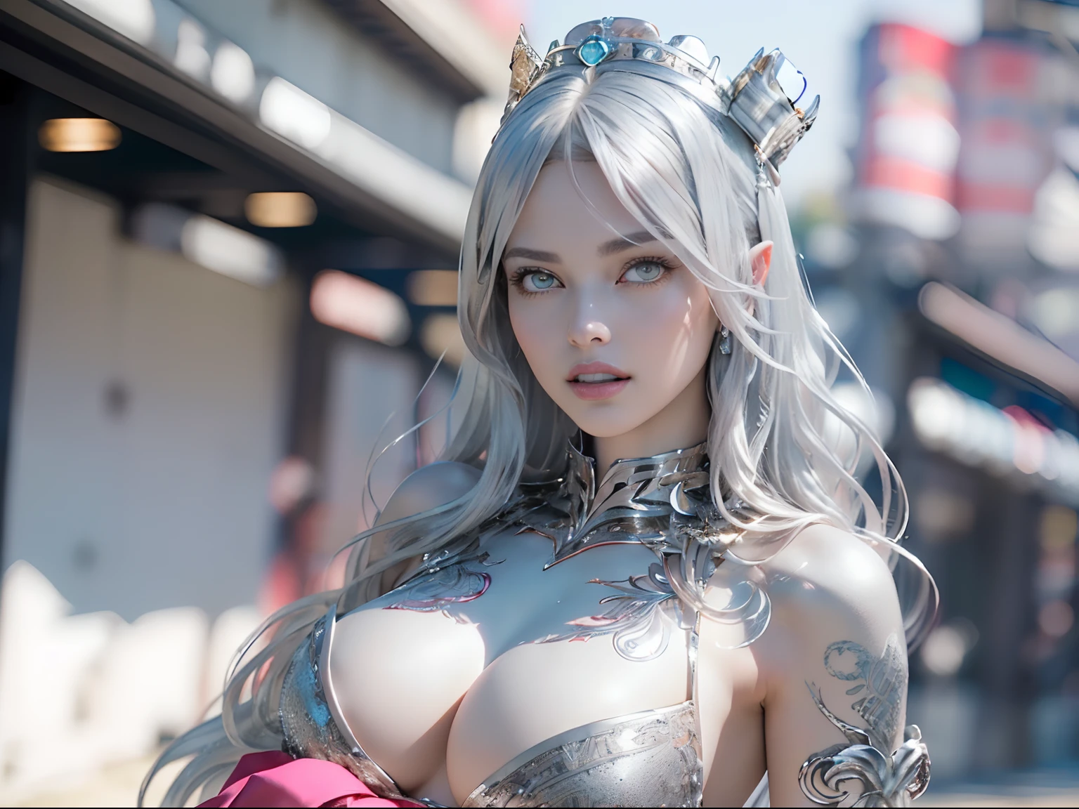 Ultra-detailed complex 3D rendering of the face, (masterpiece, top quality, octane rendering,), glamour shots full body image, very beautiful young elves, cleavage, (highly detailed skin: 1.2), (exposure: 1.1), ((blue micro bikini: 1.95)))). , 8k, (((very soft breasts)), (((conspicuous large pink areola)), beautiful Caucasian woman with white skin with full soft breasts with big buttocks, one, long braided hair, big breasts, dynamic angles, (((huge breasts: 2.4)), ultra-realistic photos, ((((((silver hair)))), futuristic urban background, facial muscles, (((((detailed and glamorous silver crown)))), In the style of Marvel Comics, ArtStation Trends, Clear Focus, Intricate Details, Very Detailed, Detailed Green Eyes, Sharp Focus, Digital Rendering, Professional, Abs, Lip Gloss, Glossy Skin, Sexy Pose, Golden Tattoo All Over Body, Silver Pattern All Over Body, Silver Lame Skin, Gold Glitter Skin, Mansuji, Buttocks, Jeweled All Over the Body, with silver scales, silver hair,