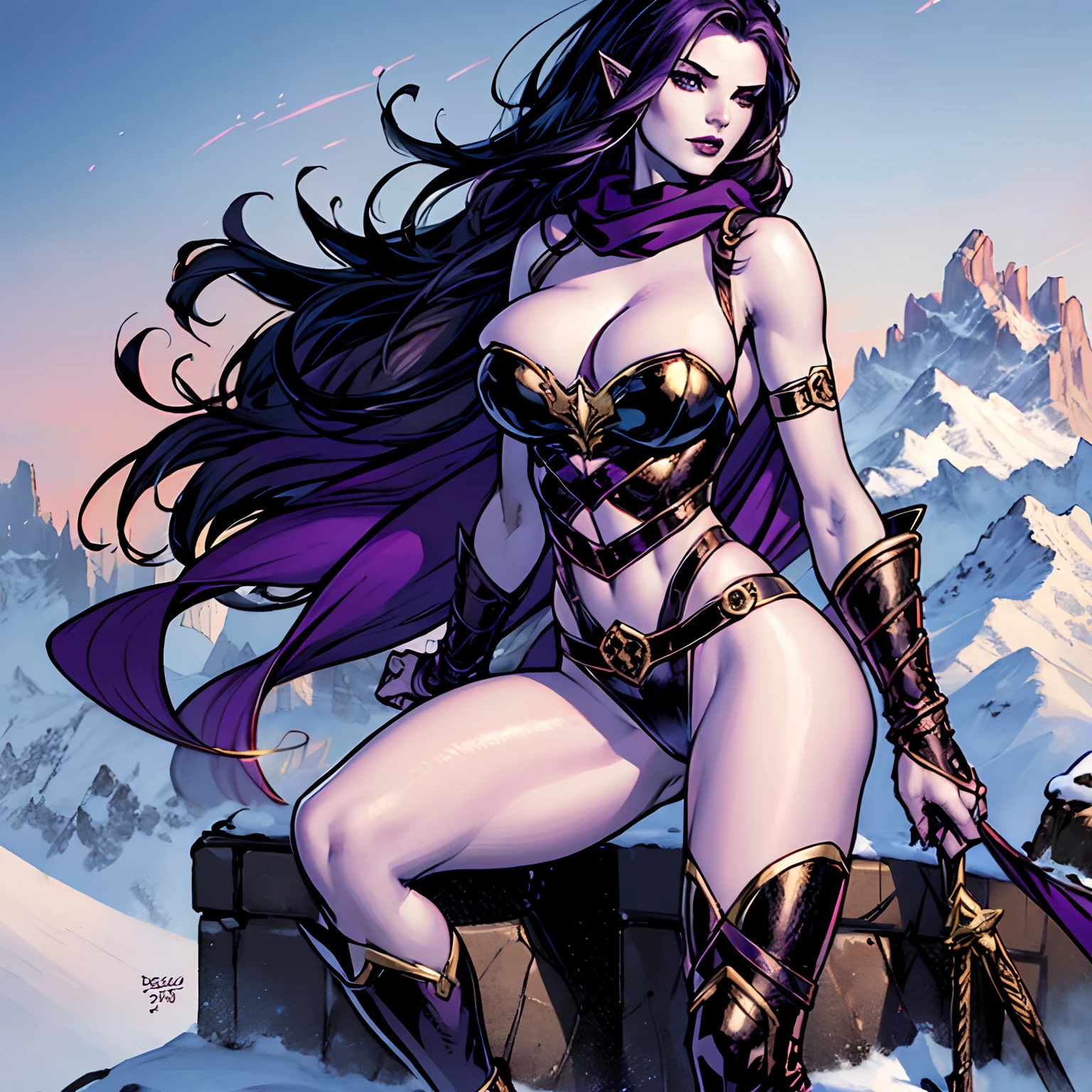 (masterpiece, top quality, best quality, official art, beautiful and aesthetic:1.2), (1girl:1.3), ((long black hair)), (((pale purple skin, pale blue skin, blue skin, purple skin))), black makeup, extremely detailed, portrait, looking at viewer, solo, (full body:0.6), detailed background, close up, (cold night mountain theme:1.1), dark elf war dancer, charlatan, smirk, mysterious, swaying in mountains, skimpy attire, revealing gladiatrix costume, gold bikini, cowl, metal bikini, long boots, dual knives, violet fabric, black leather, gigantic breasts, cleavage, skindentation, slim waist, slim hips, long legs, medieval (mountain exterior:1.1) background, dark mysterious lighting, shadows, magical atmosphere, dutch angle, (((Balsamique)))