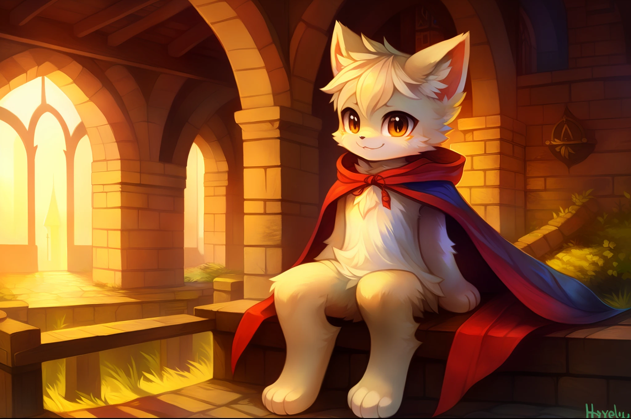 by haychel, by kekitopu, by revous, masterpiece, solo, high quality, inside castle, anime, game cg, kemono, furry, boy, smsll kid, cape, sitting on fence, (lift legs:1.2), lifted paws