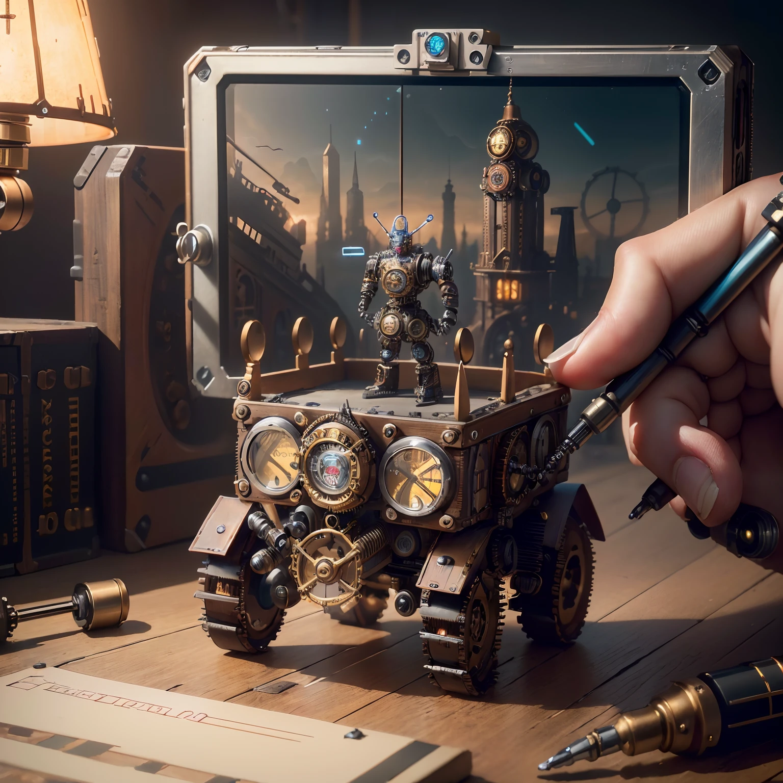 mini\(ttp\), (8k, RAW photo, best quality, masterpiece:1.4),(Creating a steampunk robot with magical modifications:1.3),steampunk,cyberpunk,(cyberpunk light:0.5),on desk,(in a miniature box:1.3),isometric, miniature, landscape on foundation,landscape,