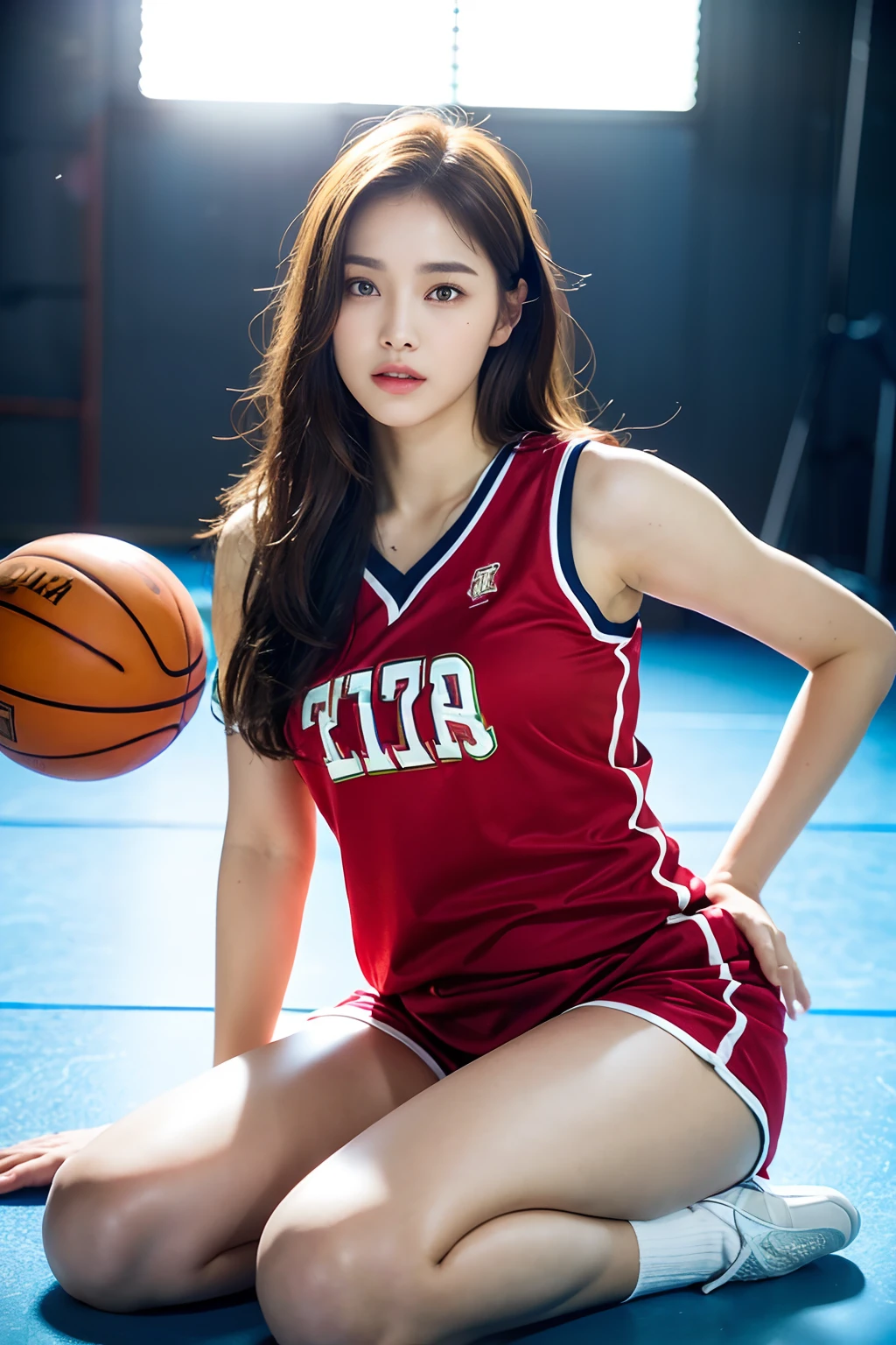(Photoreal: 1.4), (Hyper-realistic: 1.4), (Realistic: 1.3), (Smooth lighting: 1.05), (Improved cinematic lighting: 0.9), 32K, 1 girl, 20 year old girl, Realistic lighting, Backlight, Face Light, raytrace, (Whitening light: 1.2), (Image enhancement: 1.4), ( Top quality real skins: 1.4), Narrow eyes, Fine face, Narrow eyes, (Body Line Mood Increase: 1.1), Oversized breasts, Big, (Skin Texture Enhancement Beauty: 1.1),basketball、Red uniform、inside_basketball_field)))、(basket_uniform:1.Wear 3, thighs thighs thighs thighs, Protruding , Crotch