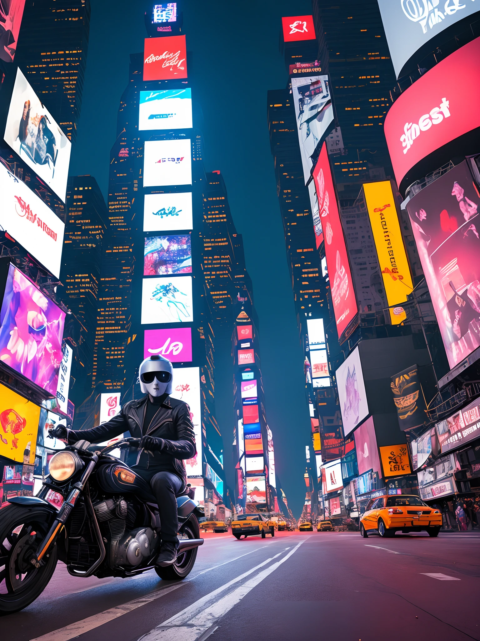 Ghost Rider,Cyberpunk style,Purple,Times Square background, New York