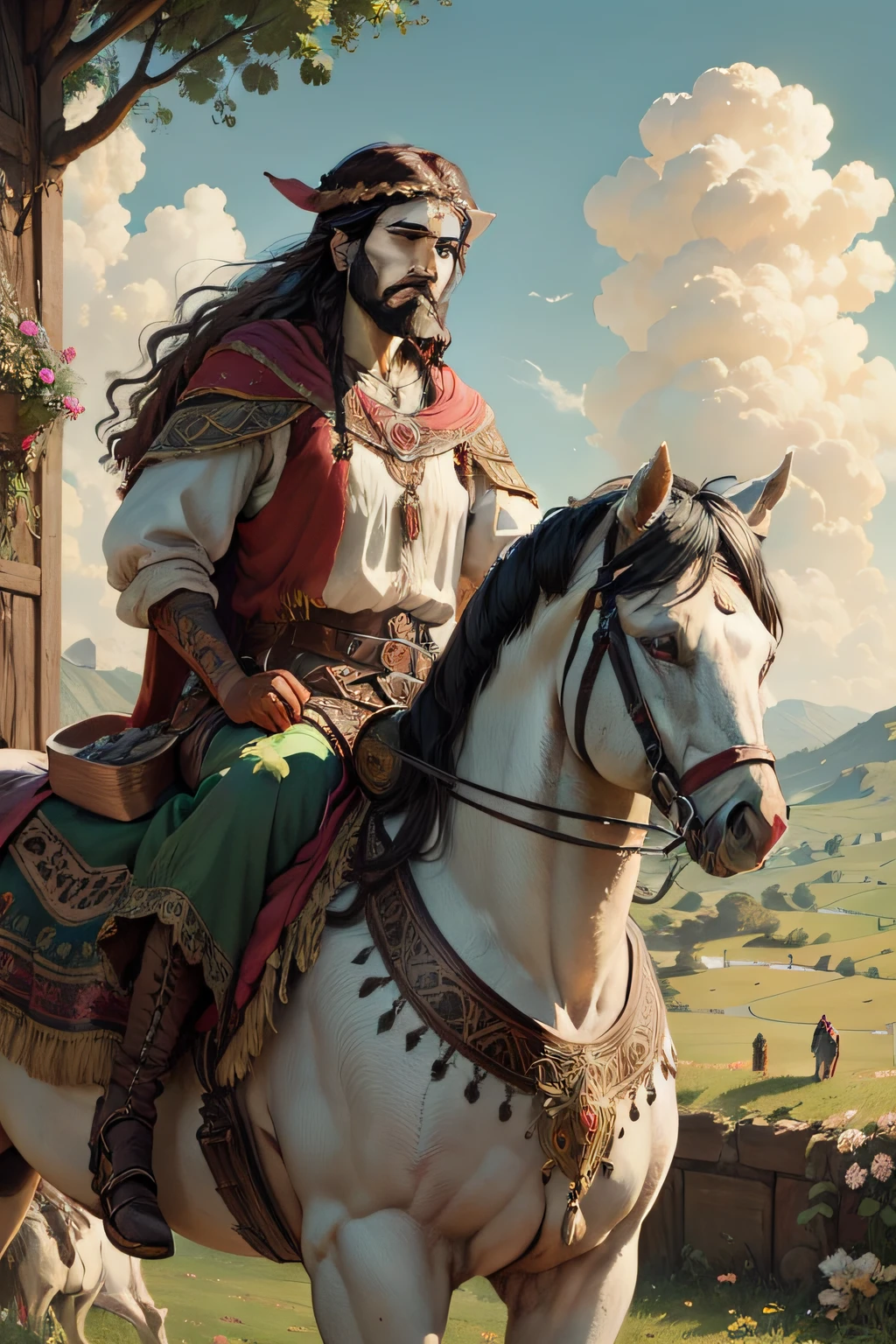 a painting of a Latin-looking gypsy man on top of a horse dressed in costumes in a setting with fields during the day, with realistic resolution on the face, Ghutra e Egal, Ayanamikodon e Irakli Nadar, Muito. Arte Nova. Gloomhaven, persian folktale artstyle, persian folklore illustration, Slavic folk fairy tale, Mucha e Artem Demura, official illustration, Directed by: Serhii Vasylkivsky