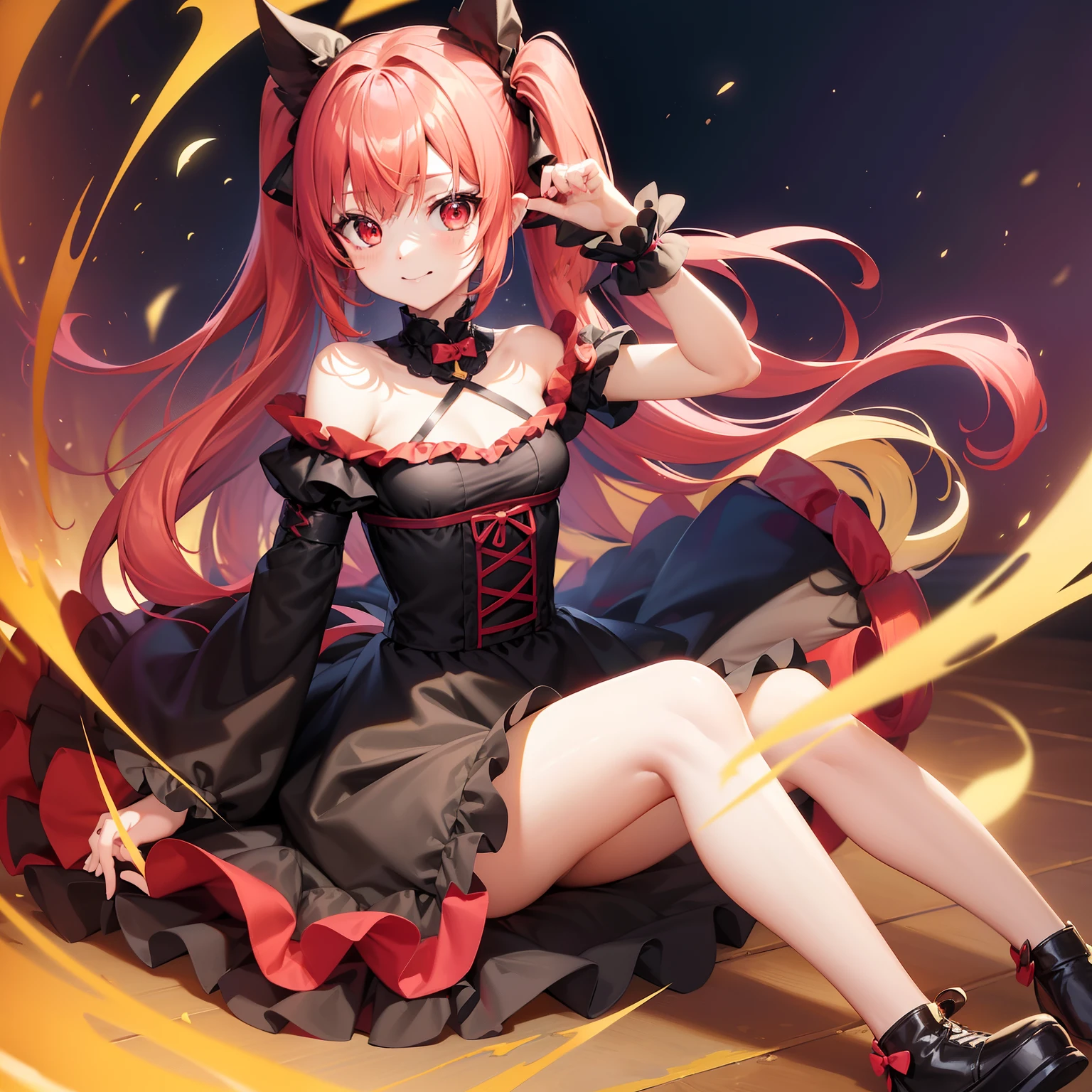 Anime filling,Two-dimensional illustration,Red hair,Half Twin Tail,shorth hair,Big eyes,A smile,a beauty girl,cute little,Super Cute,Black cat ears,Red Eyes,Ruffled Clothes,Inner colorGreen,One girl,Full body painting,A masterpiece of 2D art,(masterpiece,Top image quality:1.3),(detaile:1.2),(女の子1人)