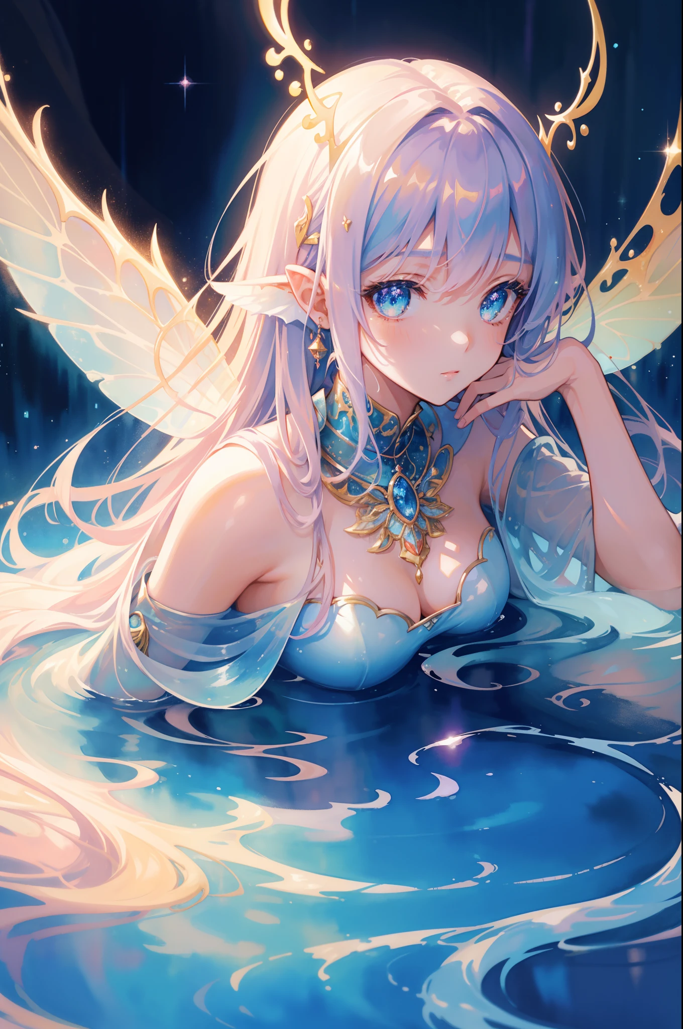 masterpiece, best quality, sharp focus, 8k, intricately detailed environment, anime, watercolor illustration, colorful, bright colors, whimsical, glowing lights, liquid otherworldly, fairy lights, beautiful girl in flowing liquid glowing dress, perfect face, golden ratio, sparkling eyes, watercolor, liquid light, angel wings