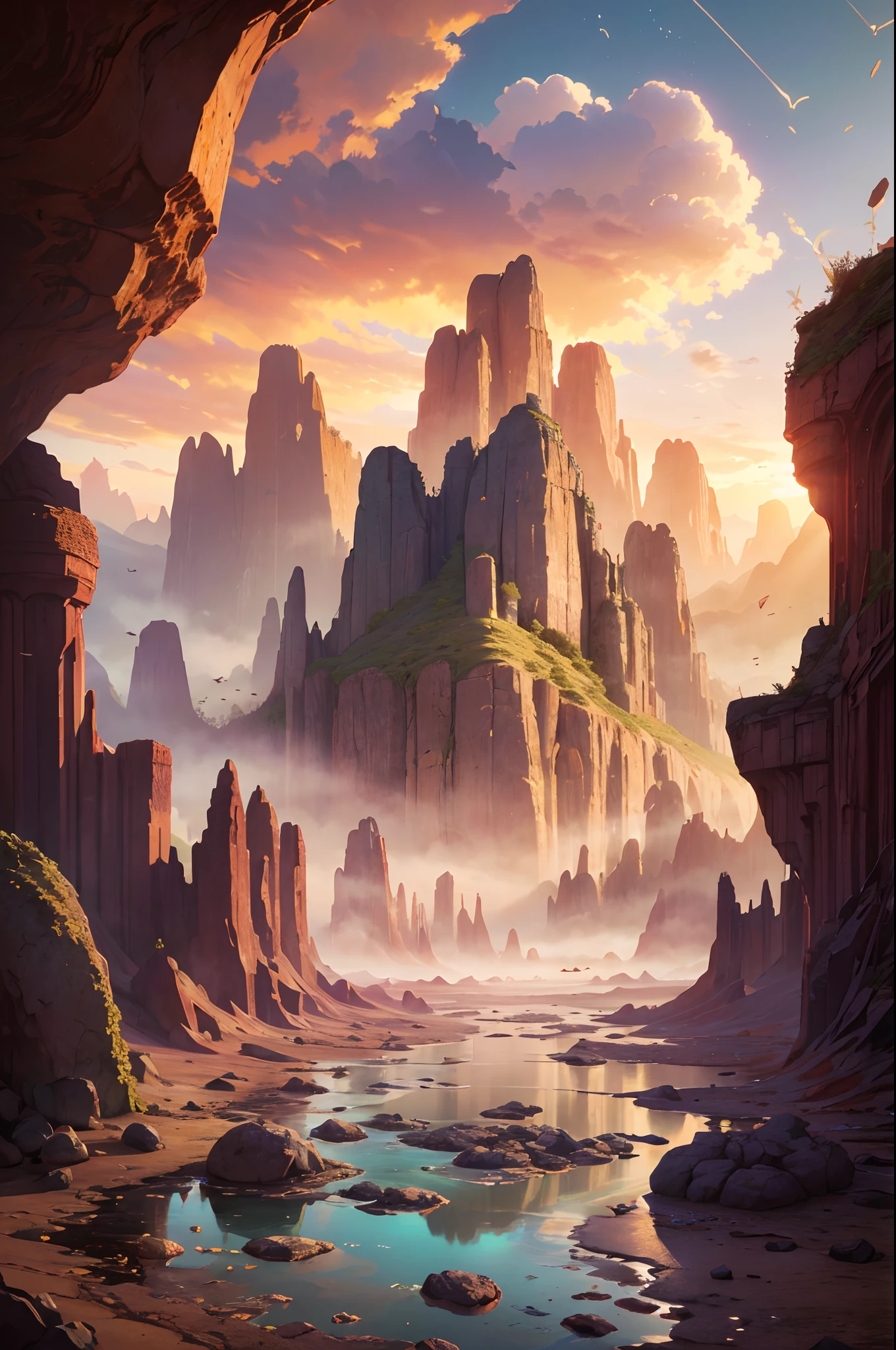 Fantasy Desert, Desert Mountain, (Masterpiece, Best Quality, High Quality, Highres:1.4), (masterpiece, top quality, best quality, official art, beautiful and aesthetic:1.2), extreme detailed,(fractal art:1.3),colorful,highest detailed in ultra detailed, cave filled with rocks and stones and stalagmites and crystals, puddle, caustics,(best-quality:0.8), (best-quality:0.8), perfect anime illustration,(turbine:1.2), Detailed, Extremely Detailed, Ambient Soft Lighting, 4K,Blurry, Blurry Background, Depth of Field, Bokeh, DOF, Fog, Bloom Outdoors, (Nature, fantasy Desert:1.2), (Rocks:1.2),