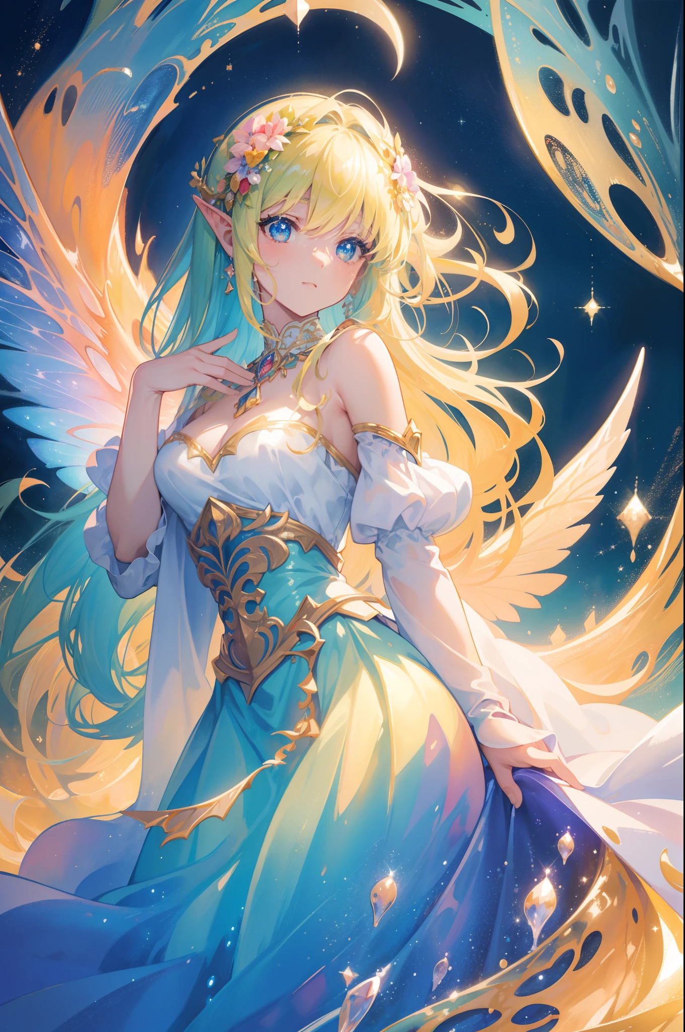 masterpiece, best quality, sharp focus, 8k, intricately detailed environment, anime, watercolor illustration, colorful, bright colors, whimsical, glowing lights, liquid otherworldly, fairy lights, beautiful girl in flowing liquid glowing dress, perfect face, golden ratio, sparkling eyes, watercolor, liquid light, angel wings