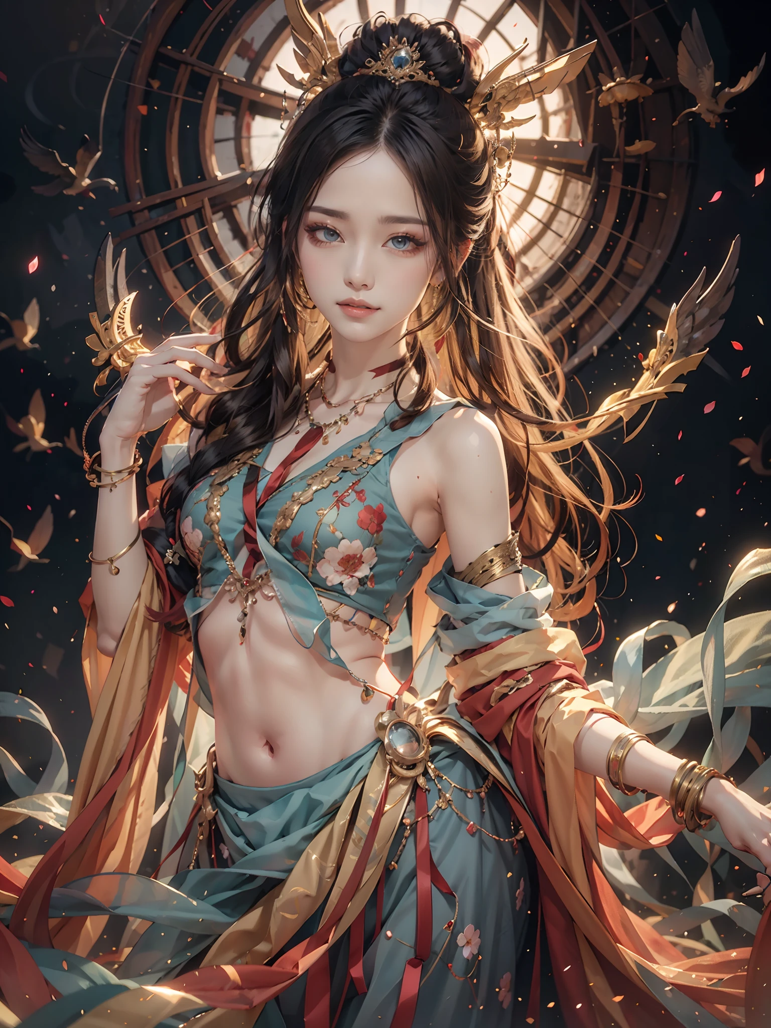 beauitful face,mesmerizing eyes,Black eyes,The tail of the eyes rises,Mysterious light smile,Smooth skin,flat belly,