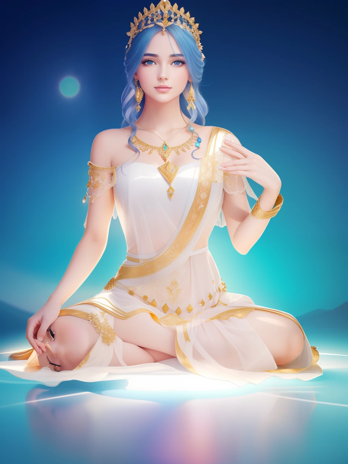 In the void, Beautiful virgins sit leisurely on lotuses,Palm facing the camera,A lotus flower squeezed in his hand,The head is tilted slightly to the right,white streamer,Delicate and radiant skin,Barefoot,(Long curved eyebrows),Beautiful eyes sparkle,The large, Jewel-like eyes sparkle,Clear pupils have reflected light,二重まぶた,Lying silkworm,looks into camera,((Plump and rosy lips)) Clearly visible,((Flushed cheeks)),The mandible is plump,Green skin is delicate and smooth,Delicate skin translucent,A delicate and dexterous crown,inlaid gemstones,Delicate and skillfully set gemstones,(Yellow dress),Perfectly designed jewelry is exquisite,Beautiful eyes looking directly at the camera,(((nice hand))),((((Good feet))),(((good legs))),realisticlying,white skinned,((Correct body structure)),Golden costume,Blue sky,Head background with round light,Behind him is a colorful rainbow circle,Color glow is turned on,Front lighting,Positive light,No shadows on the face,There are no shadows on the body,Blue sky,Unreal space,ethereal world,dreamworld,with blue sky and white clouds,tmasterpiece,4K,ultra-definition,professional photoshooting,Perspective looks up,Standard lens shooting,