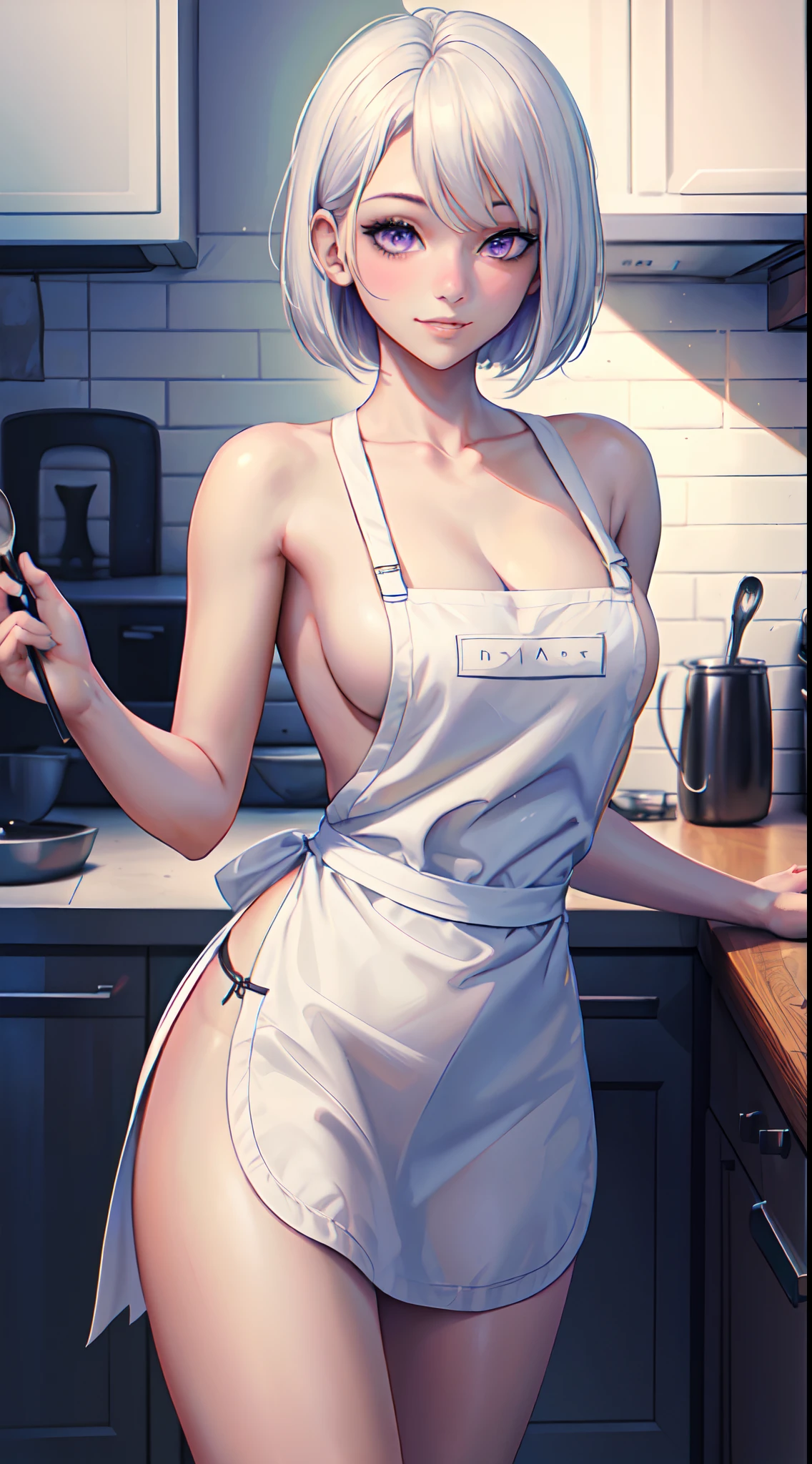 ((((masterpiece, best quality, high resolution)))), 1girl, white hair, purple eyes, bob cut, wavy hair, average breasts, blush, light smile, parted lips, glow, thighs, bare shoulders, collarbone, narrow waist, cleavage, (masterpiece), (beautiful detailed face, beautiful detailed eyes), (naked apron, kitchen, arms behind back), sciamano240