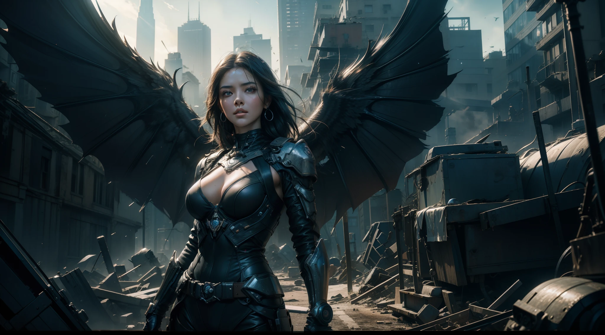 （（best qualtiy））， （（tmasterpiece））， （（Realistis））， （A detailed）， （realisticlying：1.5），illusory engine， (High detail: 1.9)，（femele：1.4），（big breasts beautiful： 1.4),(carismatic:1.3)， （Large breasts）， Female succubus， Bat wings，beuaty girl，beauitful face， looking at viewert， dynamicposes， postapocalyptic， Destroyed city background， scientific fiction， hdr， Ray traching， NVIDIA RTX， Hyper-Resolution， Unreal 5， sub surface scattering， PBR textures， Post-processing， Anisotropic filtering， depth of fields， Maximum clarity and sharpness， trichotomy，8K original，（Luminous Particle：1.4），（VerydetailedCG，Unity 8k壁纸，cinmatic lighting，lens flare glow），Reflectors，Sharp focus，
