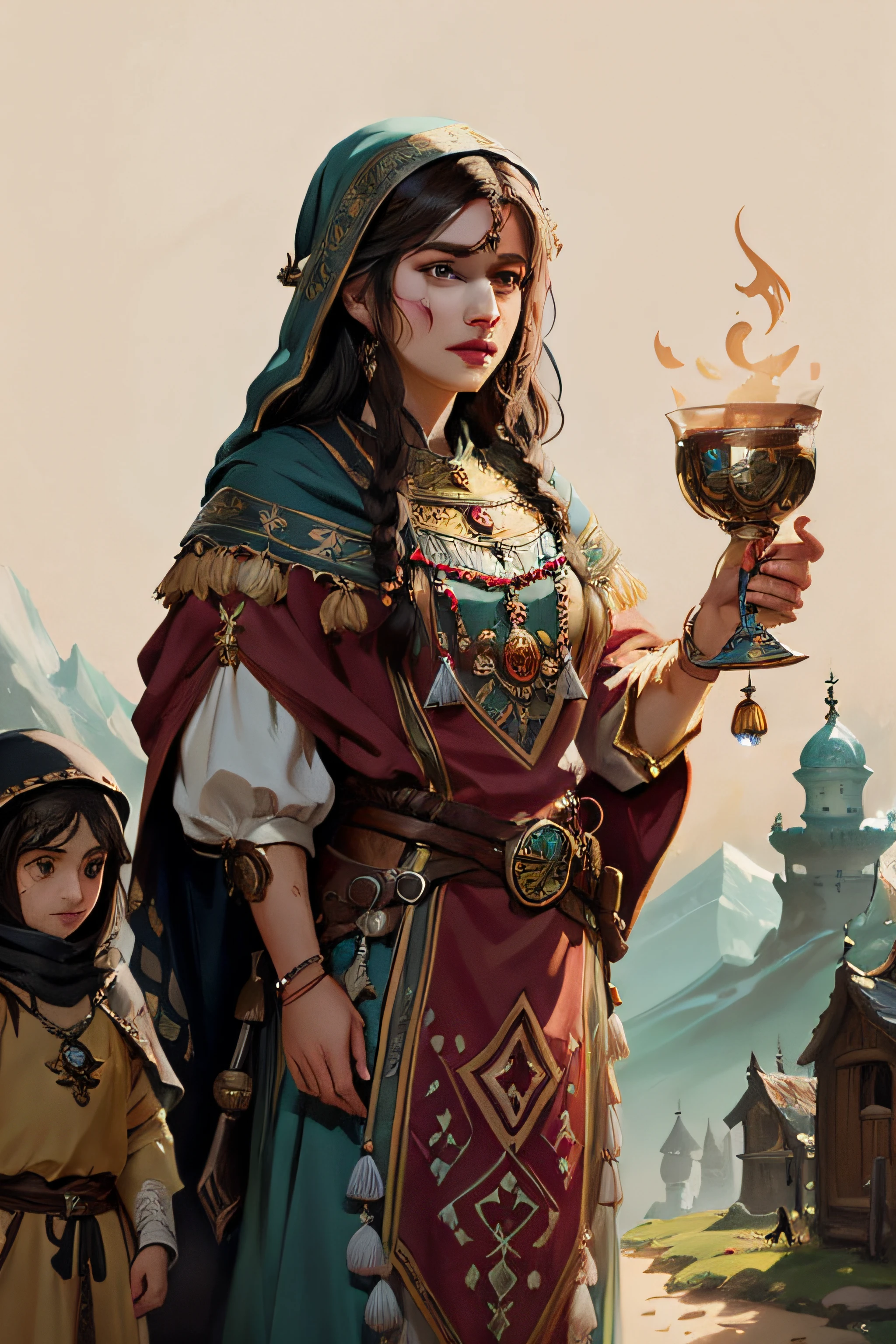 There's a woman holding a glass , Retrato de um mago feminino, female cleric, Arte no estilo de Guweiz, arte do jogo de fantasia medieval, pretty female cleric, high fantasy illustration, mago feminino, retrato de arte conceito de fantasia, Sacerdotisa elfa, dwarven woman, arte do personagem de fantasia dnd, Directed by: Johannes Helgeson