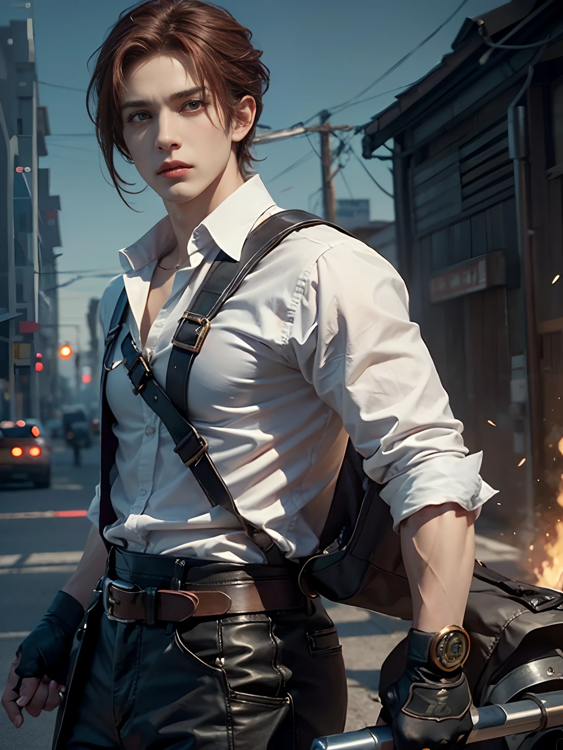 1 man, with golden eyes, Reno in Final Fantasy, punch with a fist, stern and narrow his eyes, handsome, with very short red hair (slicked back hairstyle) and a white shirt, handsome and muscular guy in demon slayer art, mechanic machine cyborg fusion, gear strive graphics, realistic, dynamic pose, realistic, detailed and correct facial structure, blades ornaments, attractive, cinematic lighting, unreal engine, trending on ArtStation, intricate details, masterpiece, best quality, by Irakli Nadar, Greg Rutkowski,(((best quality))),(((ultra detailed))),(((masterpiece)))