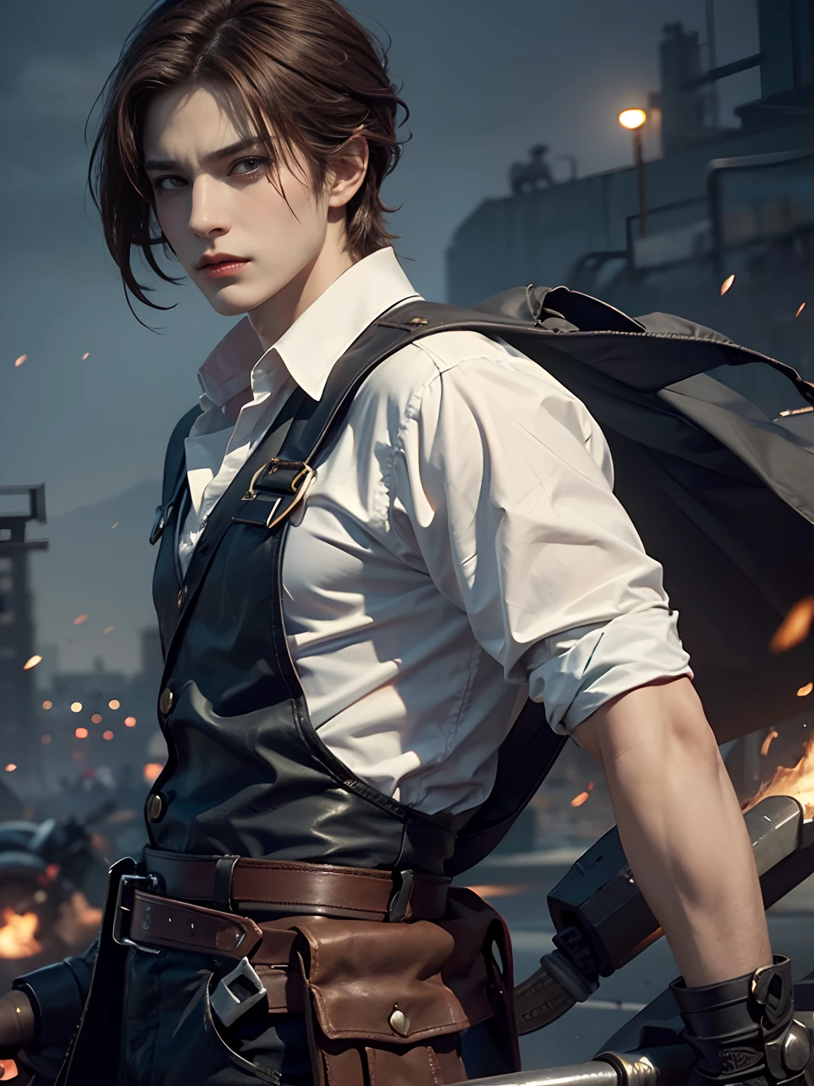 1 man, with golden eyes, Reno in Final Fantasy, punch with a fist, stern and narrow his eyes, handsome, with very short red hair (slicked back hairstyle) and a white shirt, handsome and muscular guy in demon slayer art, mechanic machine cyborg fusion, gear strive graphics, realistic, dynamic pose, realistic, detailed and correct facial structure, blades ornaments, attractive, cinematic lighting, unreal engine, trending on ArtStation, intricate details, masterpiece, best quality, by Irakli Nadar, Greg Rutkowski,(((best quality))),(((ultra detailed))),(((masterpiece)))