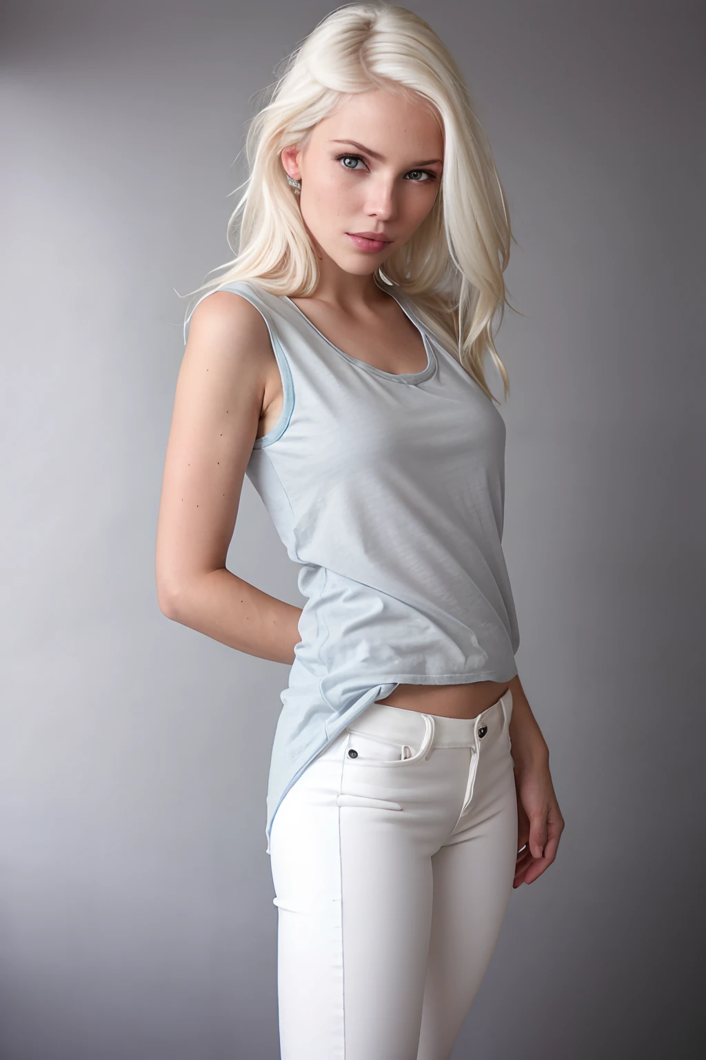 (((photographic, photo, photogenic))),woman with white hair and blue eyes, (detailed face, nose), wearing ((Jeggings)) and ((Tank top)) (f1.8 short focus bokeh), focus on eyes, studio white background ,