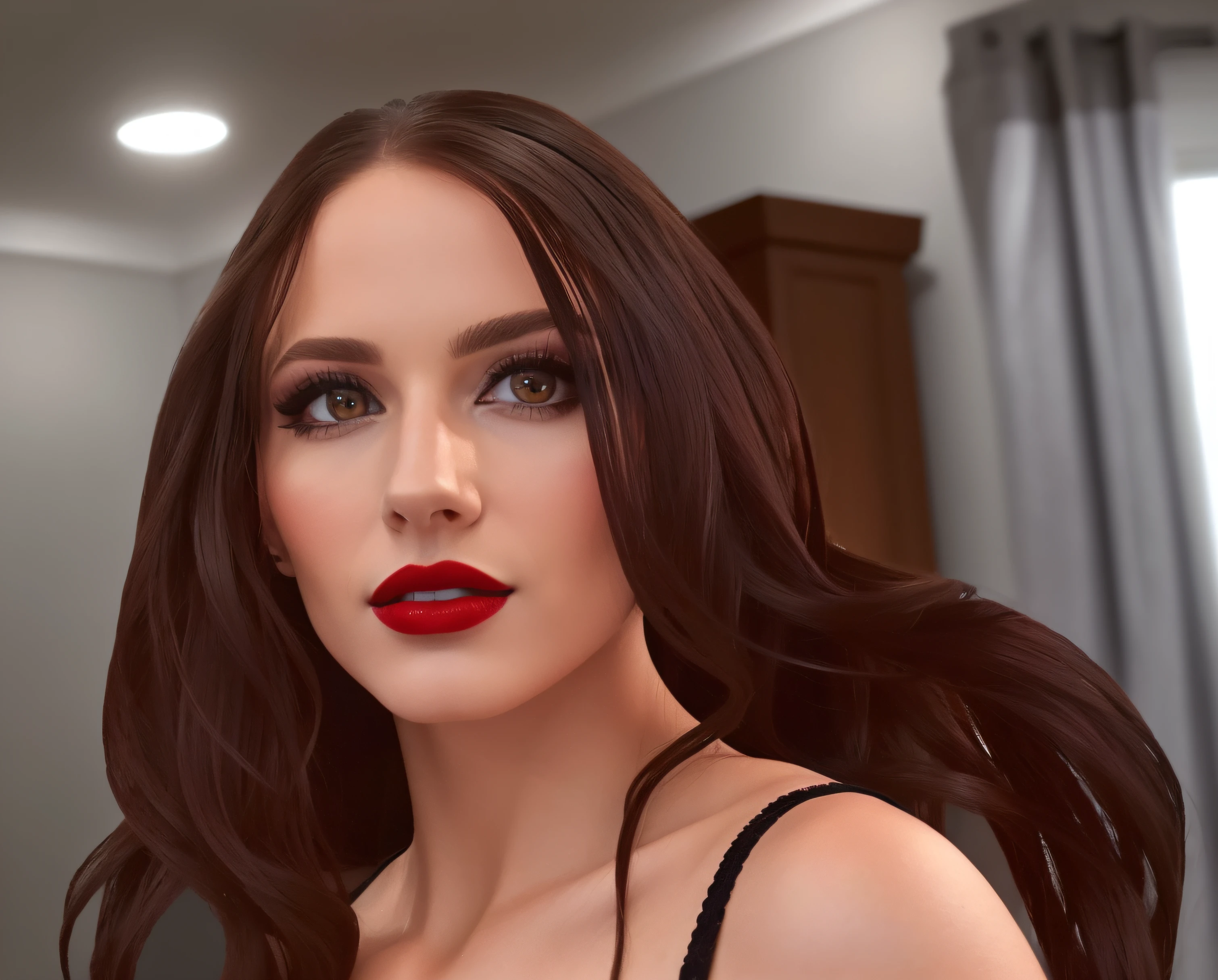 ((masterpiece, best quality)), Caucasian woman with long brown hair and heavy eye shadow, (in black bra), red lipstick, at home, photo realistic