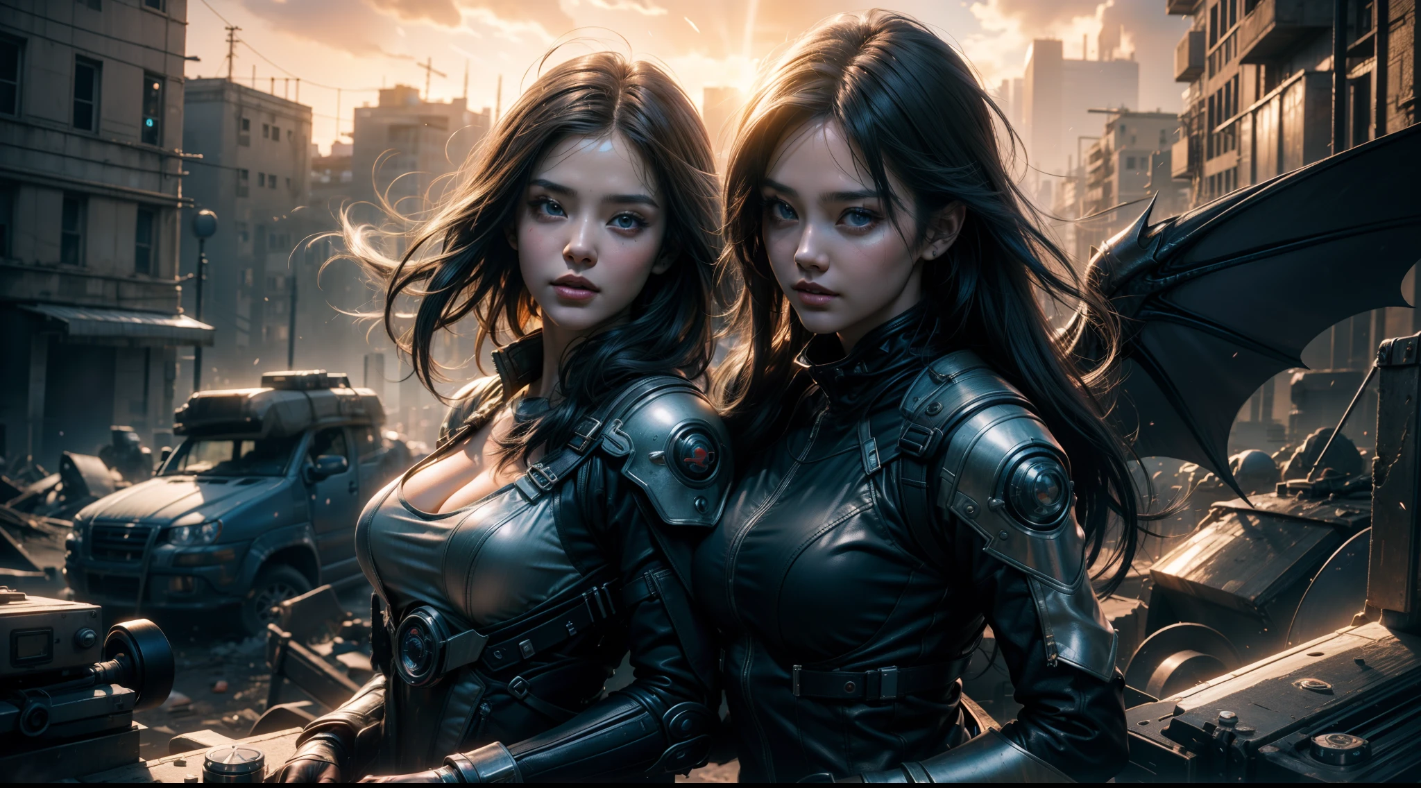 ((best qualtiy)), ((tmasterpiece)), ((Realistis)), (A detailed), (realisticlying:1.5),illusory engine, (High detail: 1.9),(femele:1.4),(big breasts beautiful: 1.4),(carismatic:1.3), (Large breasts), Female succubus, Bat wings,beuaty girl,beauitful face, looking at viewert, dynamicposes, postapocalyptic, Destroyed city background, scientific fiction, hdr, Ray traching, NVIDIA RTX, Hyper-Resolution, Unreal 5, sub surface scattering, PBR textures, Post-processing, Anisotropic filtering, depth of fields, Maximum clarity and sharpness, trichotomy,8K original,(Luminous Particle:1.4),(VerydetailedCG,Unity 8k壁纸,cinmatic lighting,lens flare glow),Reflectors,Sharp focus,