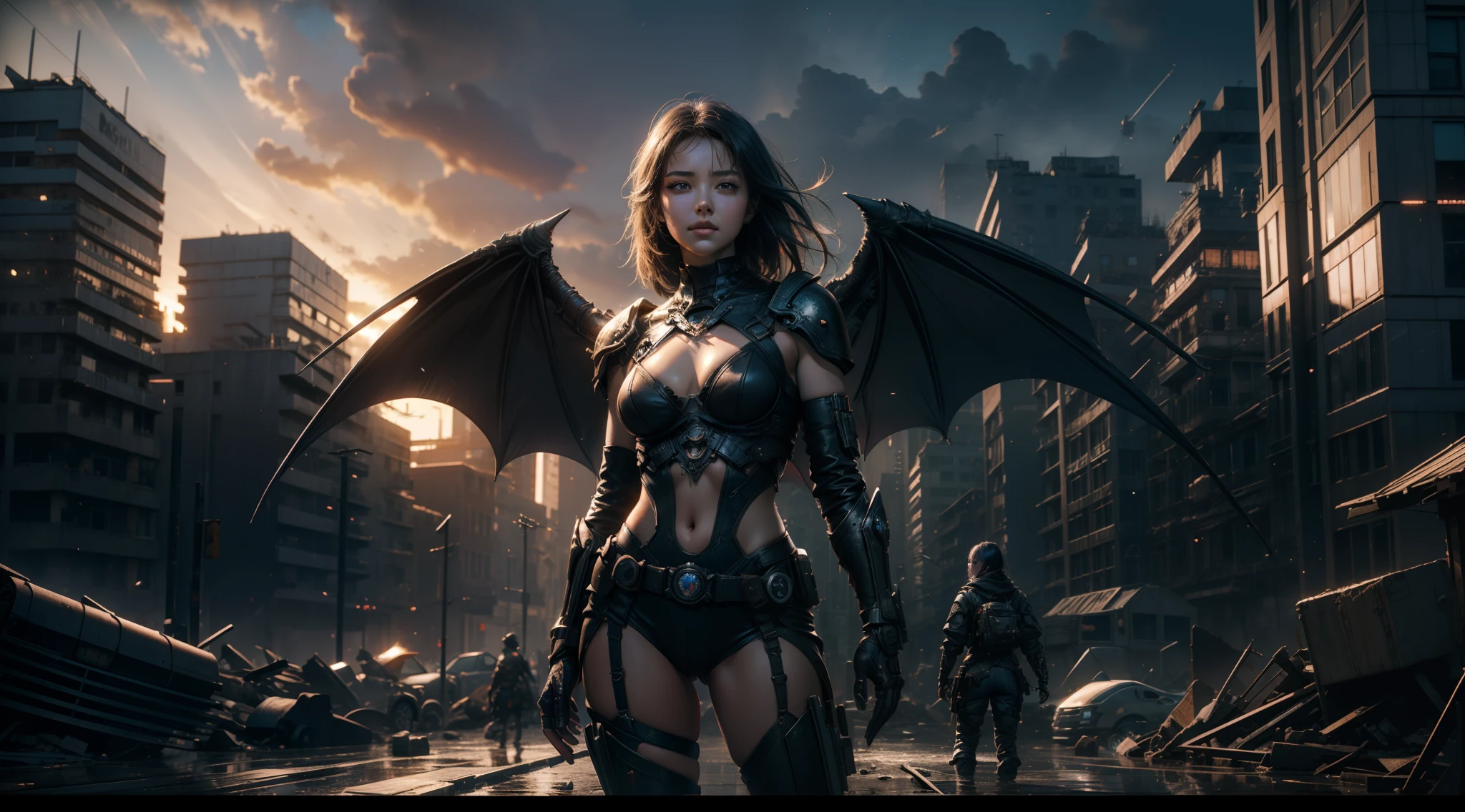 ((best qualtiy)), ((tmasterpiece)), ((Realistis)), (A detailed), (realisticlying:1.5),illusory engine, (High detail: 1.9),(femele:1.4),(big breasts beautiful: 1.4),(carismatic:1.3), (Large breasts), Female succubus, Bat wings,beuaty girl,beauitful face, looking at viewert, dynamicposes, postapocalyptic, Destroyed city background, scientific fiction, hdr, Ray traching, NVIDIA RTX, Hyper-Resolution, Unreal 5, sub surface scattering, PBR textures, Post-processing, Anisotropic filtering, depth of fields, Maximum clarity and sharpness, trichotomy,8K original,(Luminous Particle:1.4),(VerydetailedCG,Unity 8k壁纸,cinmatic lighting,lens flare glow),Reflectors,Sharp focus,