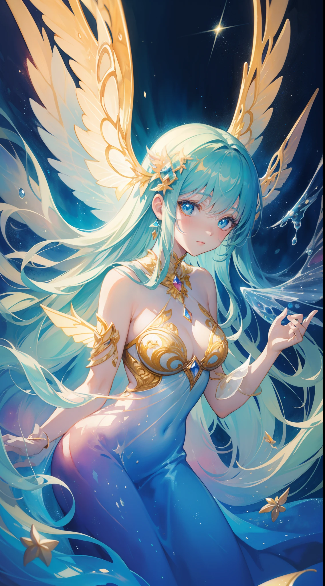 masterpiece, best quality, sharp focus, 8k, intricately detailed environment, anime, watercolor illustration, colorful, bright colors, whimsical, glowing lights, liquid otherworldly, fairy lights, beautiful girl in flowing liquid glowing dress, perfect face, golden ratio, sparkling eyes, watercolor, liquid light, angel wings