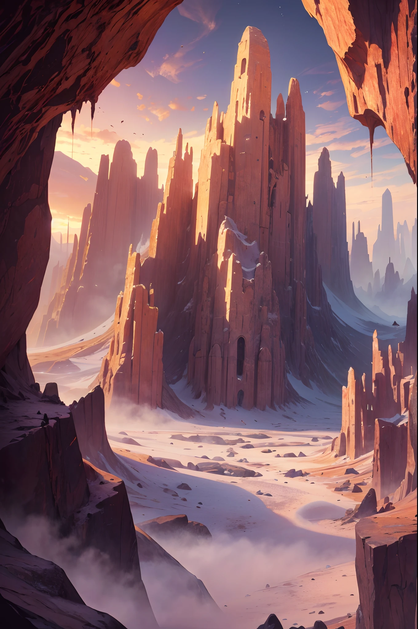Fantasy Desert, Desert Mountain, (Masterpiece, Best Quality, High Quality, Highres:1.4), (masterpiece, top quality, best quality, official art, beautiful and aesthetic:1.2), extreme detailed,(fractal art:1.3),colorful,highest detailed in ultra detailed, cave filled with rocks and stones and stalagmites and crystals, puddle, caustics,(best-quality:0.8), (best-quality:0.8), perfect anime illustration,(turbine:1.2), Detailed, Extremely Detailed, Ambient Soft Lighting, 4K,Blurry, Blurry Background, Depth of Field, Bokeh, DOF, Fog, Bloom Outdoors, (Nature, fantasy Desert:1.2), (Rocks:1.2),