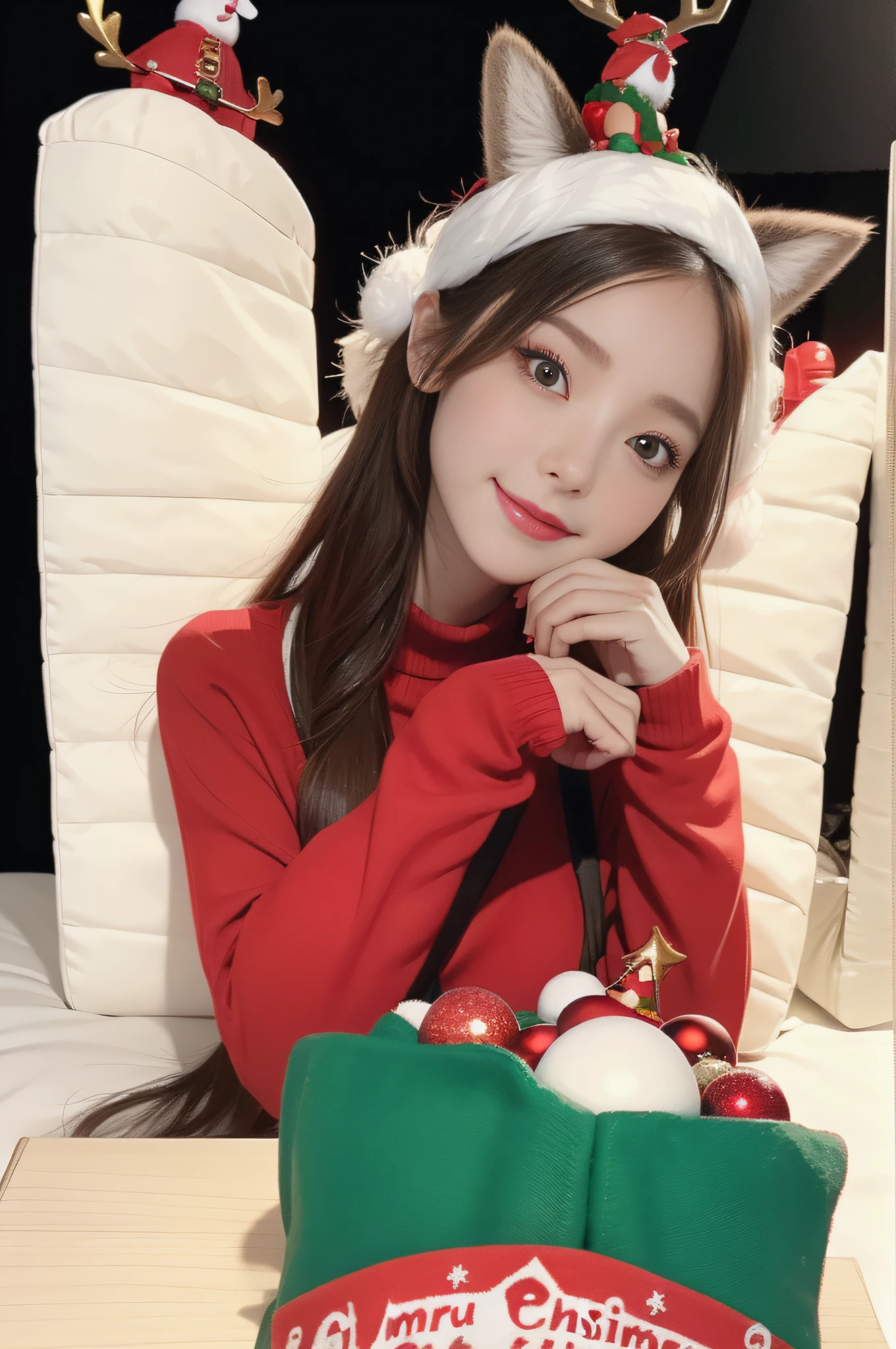A woman in a red sweater,Black background cloth,Christmas tree Christmas Eve,Christmas gifts,cute girly,Fawn accessories on the head,Sweet and cute girl,Exquisite facial features,Holding a Christmas present,full body shot shot,50 rounds,Surreal style,Stereo light,Glad,