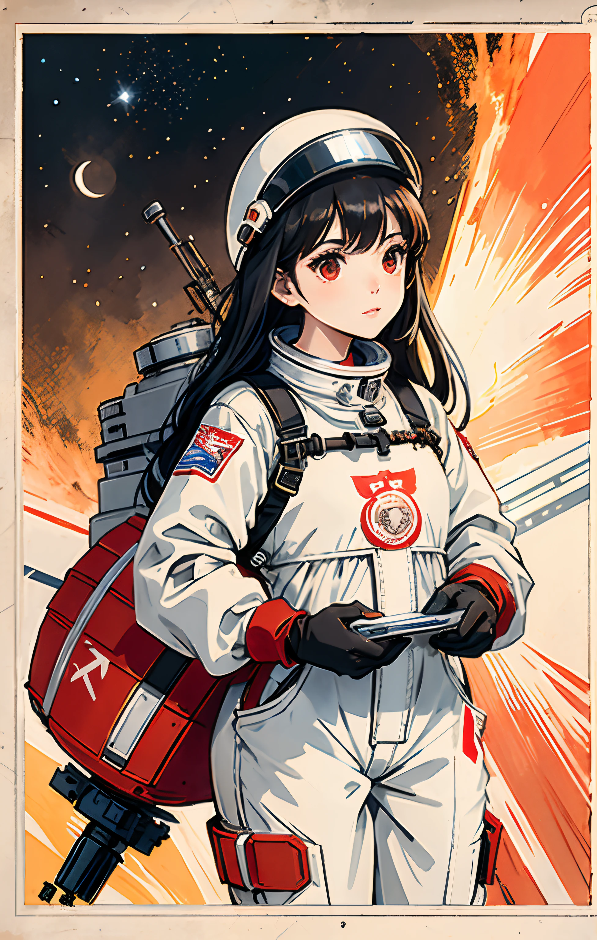 1girl, flat chested, cute, beautiful detailed eyes, shiny hair, visible through the hair, hair between the eyes, CCCPposter, sovietposter, red monochrome, Soviet poster, USSR, communism, black hair, red eyes, vampire ,girl,small breasts,spacesuit:Orange_clothing_body:jumpsuit ), white_gloves, white_space shoes, white_helmet, CCCP scarlet letters on the top of the helmet, weightlessness, Side light, reflection, the person in the spacesuit is at the bottom left of the picture, right hand outstretched, right hand Gently touch the Salyut space station), the space station in the upper right corner of the screen, the reflected light of the sun, silver metal, red flag, brilliance, Soviet style, diffuse reflection, metal texture, blue earth in the distance, mech style, star sea, high-profile, majestic