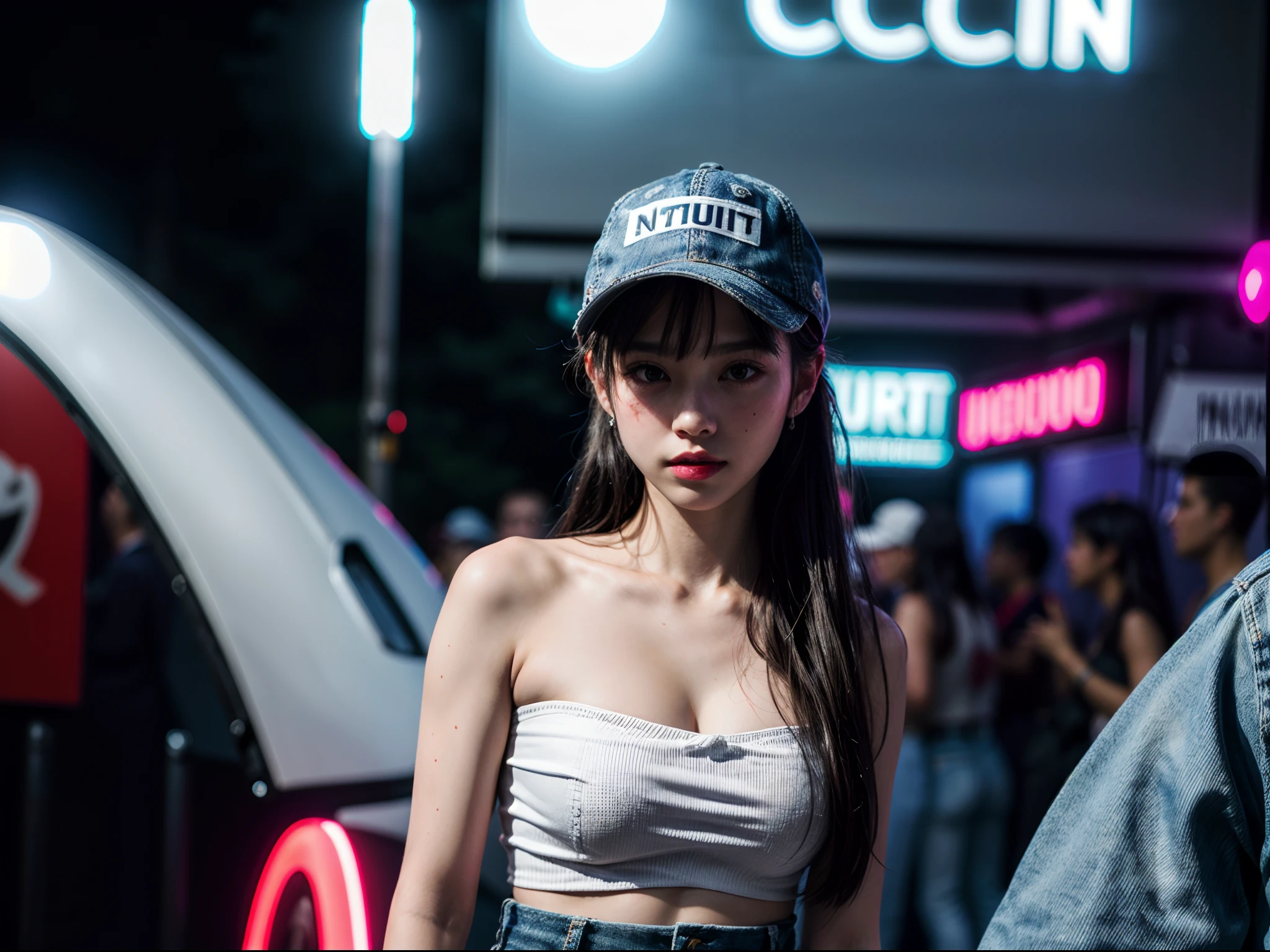 (1girl), solo, long_hair, wearing(strapless-white-shirt, denim-short, snapback-hat), photo(medium-shot), portrait, standing, pov, blurry_background, background(urban, neon, nightclub, outdoors), (photorealistic, absurdres, best_quality:1.55),