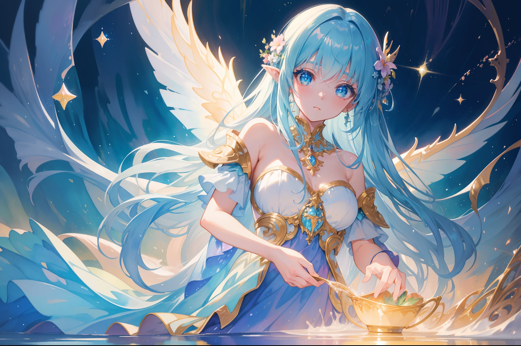 masterpiece, best quality, sharp focus, 8k, intricately detailed environment, anime, watercolor illustration, colorful, bright colors, whimsical, glowing lights, liquid otherworldly, fairy lights, beautiful girl in flowing liquid glowing dress, perfect face, golden ratio, sparkling eyes, watercolor, liquid light, angel wings