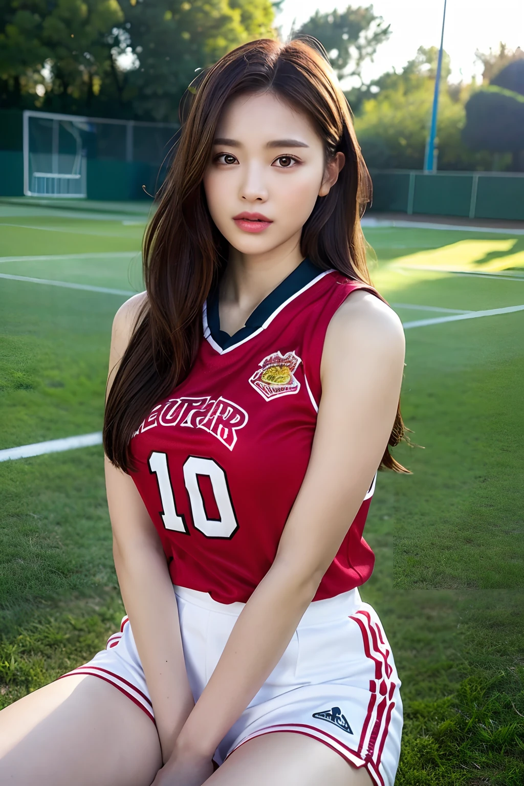 (Photoreal: 1.4), (Hyper-realistic: 1.4), (Realistic: 1.3), (Smooth lighting: 1.05), (Improved cinematic lighting: 0.9), 32K, 1 girl, 20 year old girl, Realistic lighting, Backlight, Face Light, raytrace, (Whitening light: 1.2), (Image enhancement: 1.4), ( Top quality real skins: 1.4), Narrow eyes, Fine face, Narrow eyes, (Body Line Mood Increase: 1.1), Oversized breasts, Big, (Skin Texture Enhancement Beauty: 1.1),basketball、Red uniform、Inside_basketball_field)))、(basket_uniform:1.Wear 3, thighs thighs thighs thighs, Protruding , Crotch