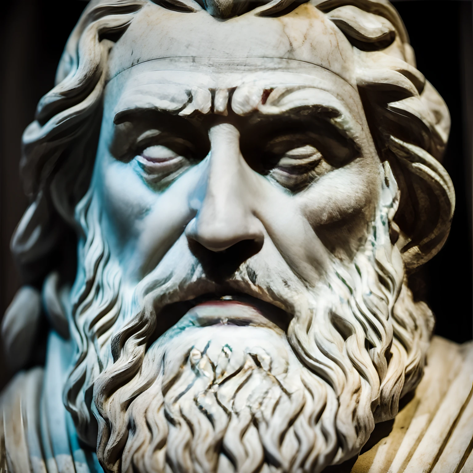 marble sculpture of the face of the philosopher Heraclitus of Ephesus , cinematografia, Epic light and shadow, muito contraste, fotografia profissional