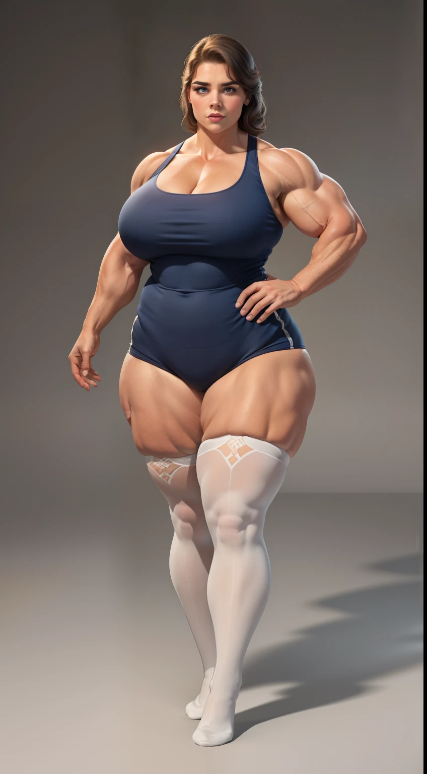 tmasterpiece，finely detailled，Burly woman，Exaggerated large muscles，White stockings, (Full body like:1.1)，standing on your feet，Beautiful and charming female face， Single female，Very fair skin，Very broad shoulders, Strong and powerful arms，The deltoid muscles are thicker，Stout arms，Strong and powerful leg muscles，thick leg，Very thick calves，long leges，looking to the camera