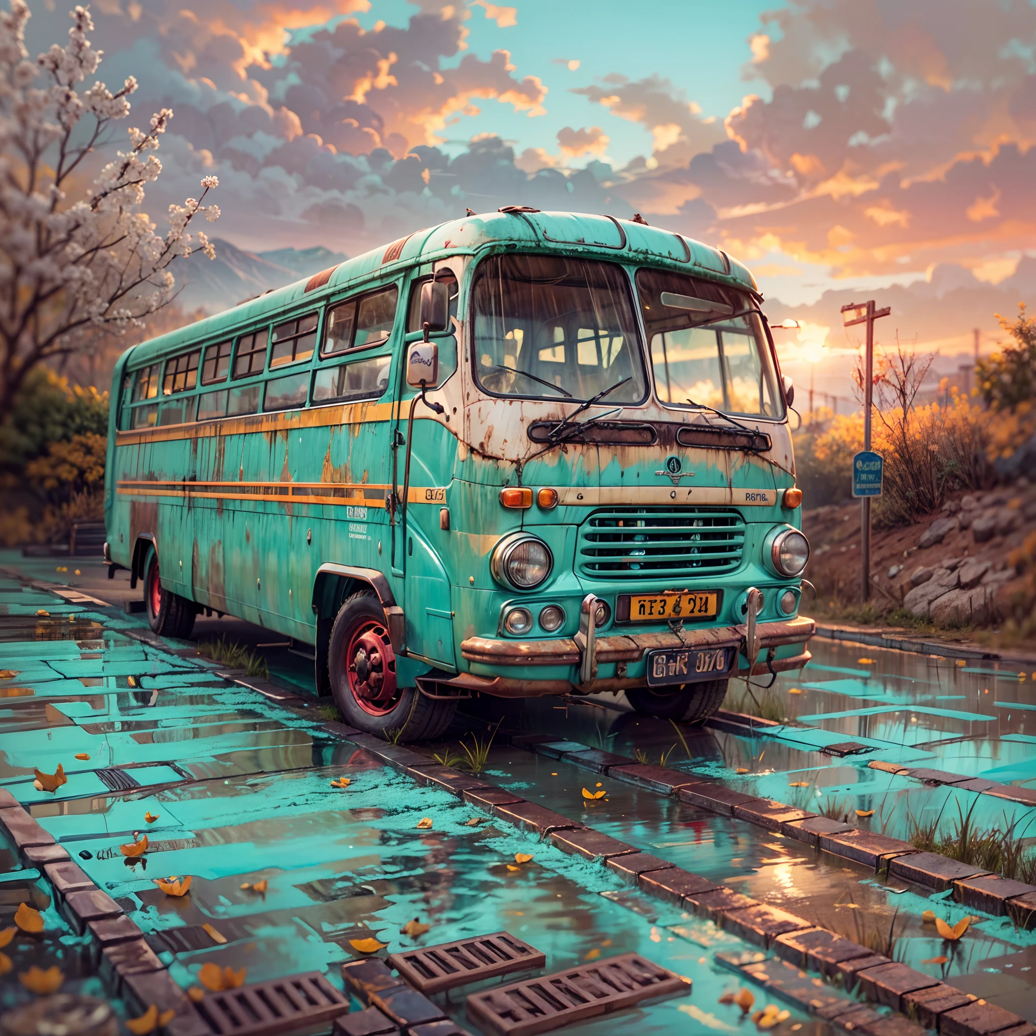 Hyperdetailed oil painting of a well-loved light blue bus, dented metal and enamel flank, traveling west, soft pink orange sunset reflecting off windshield and chassis, sense of movement and journey, hope and resilience, masterpiece, masterwork, meticulous, intimate, nuanced, highest quality, highest fidelity, highest resolution, highres, highest detail, hyper-detailed, detail enhancement, deeply detailed, uhd, hdr, fhd, 8k, 16k, 32k, 64k, caustics, subsurface scattering, High Dynamic Range, Dynamic Tone Mapping, [Specular reflection], [sub-pixel convolution],