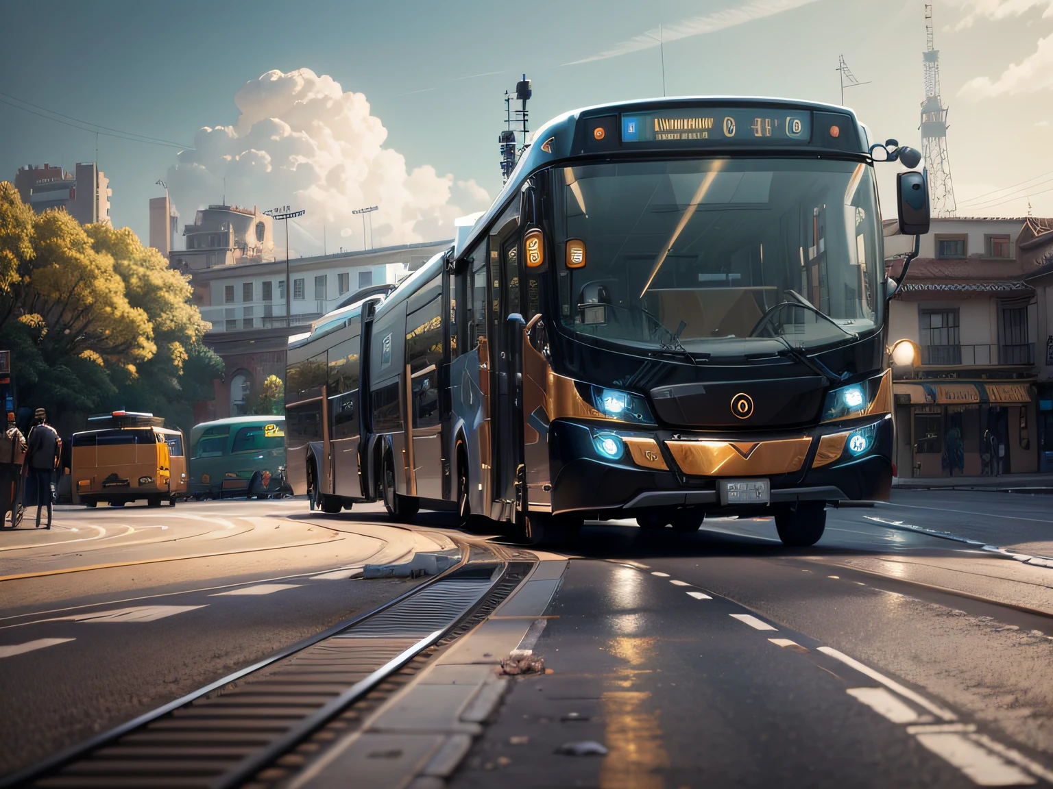 futuristic articulated bus, brancos de fundo, Corpo Steampunk, detalhes intrincados, Magnificent, cinemactic, high resolution, 4k,